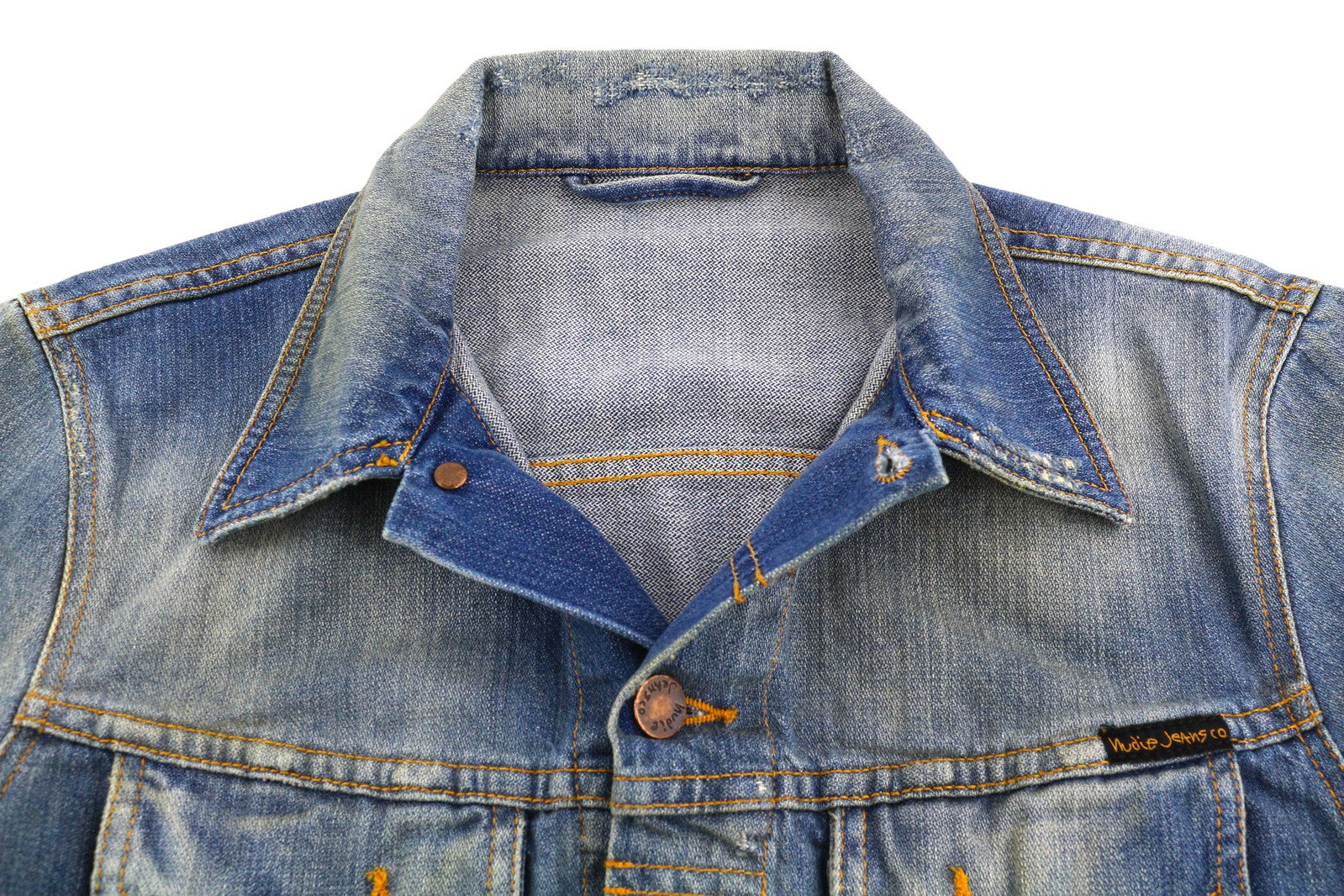 NUDIE Perry Men Jacket S Organic Bright Broken Mid Blue Washed Buttoned Denim