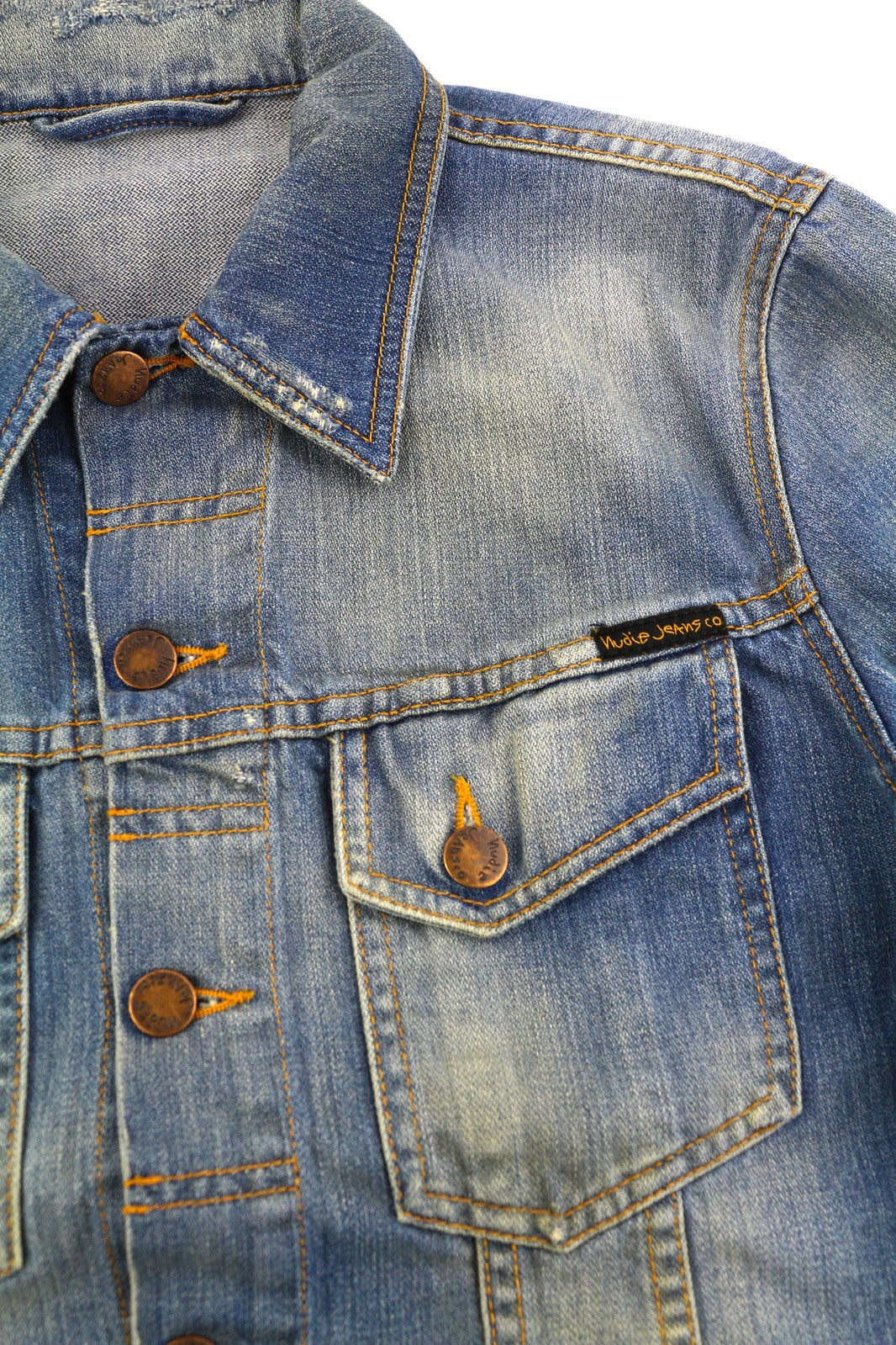 NUDIE Perry Men Jacket S Organic Bright Broken Mid Blue Washed Buttoned Denim