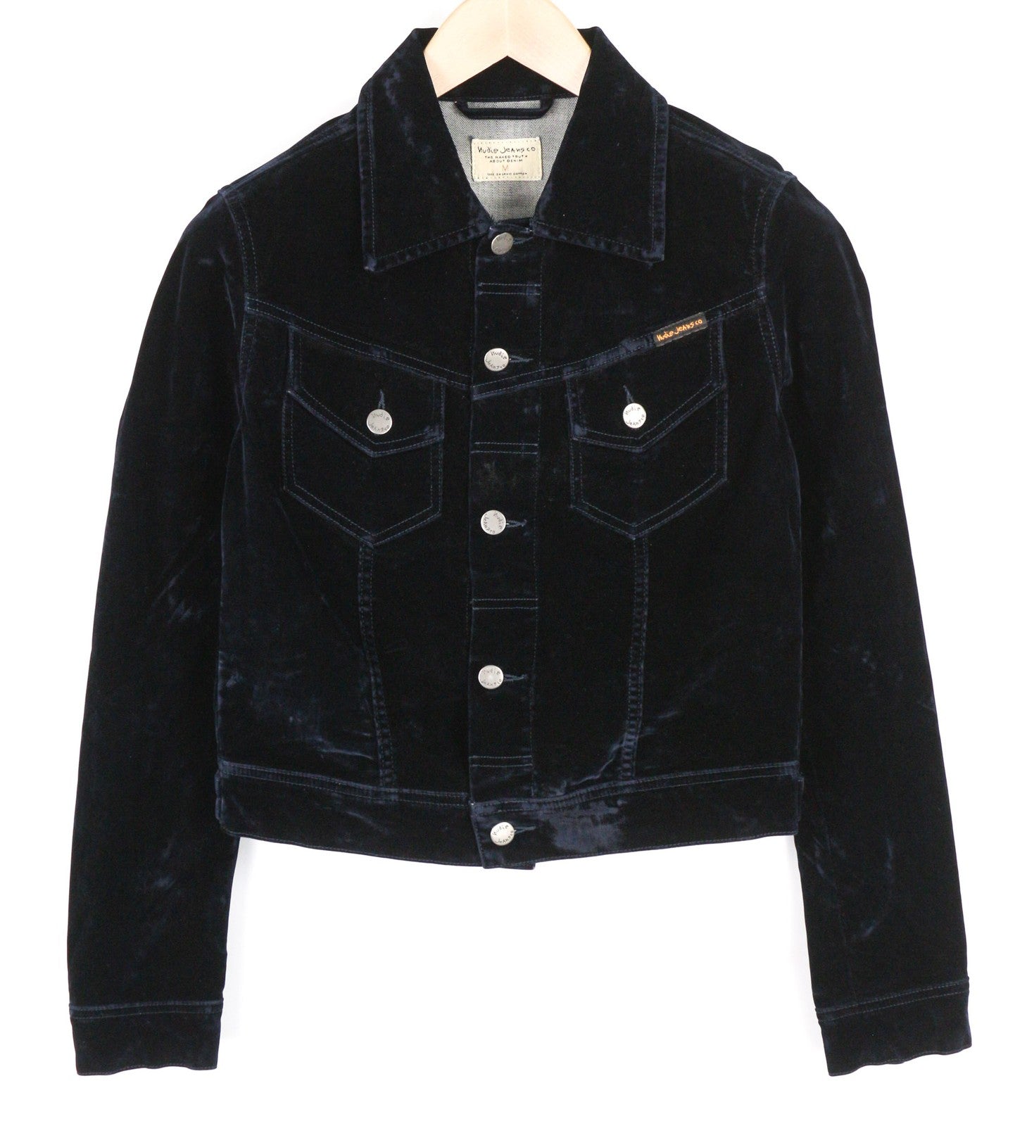 NUDIE Tove Women Jacket M Blue Velvet Neck Buttoned Dark Long Sleeve Logo