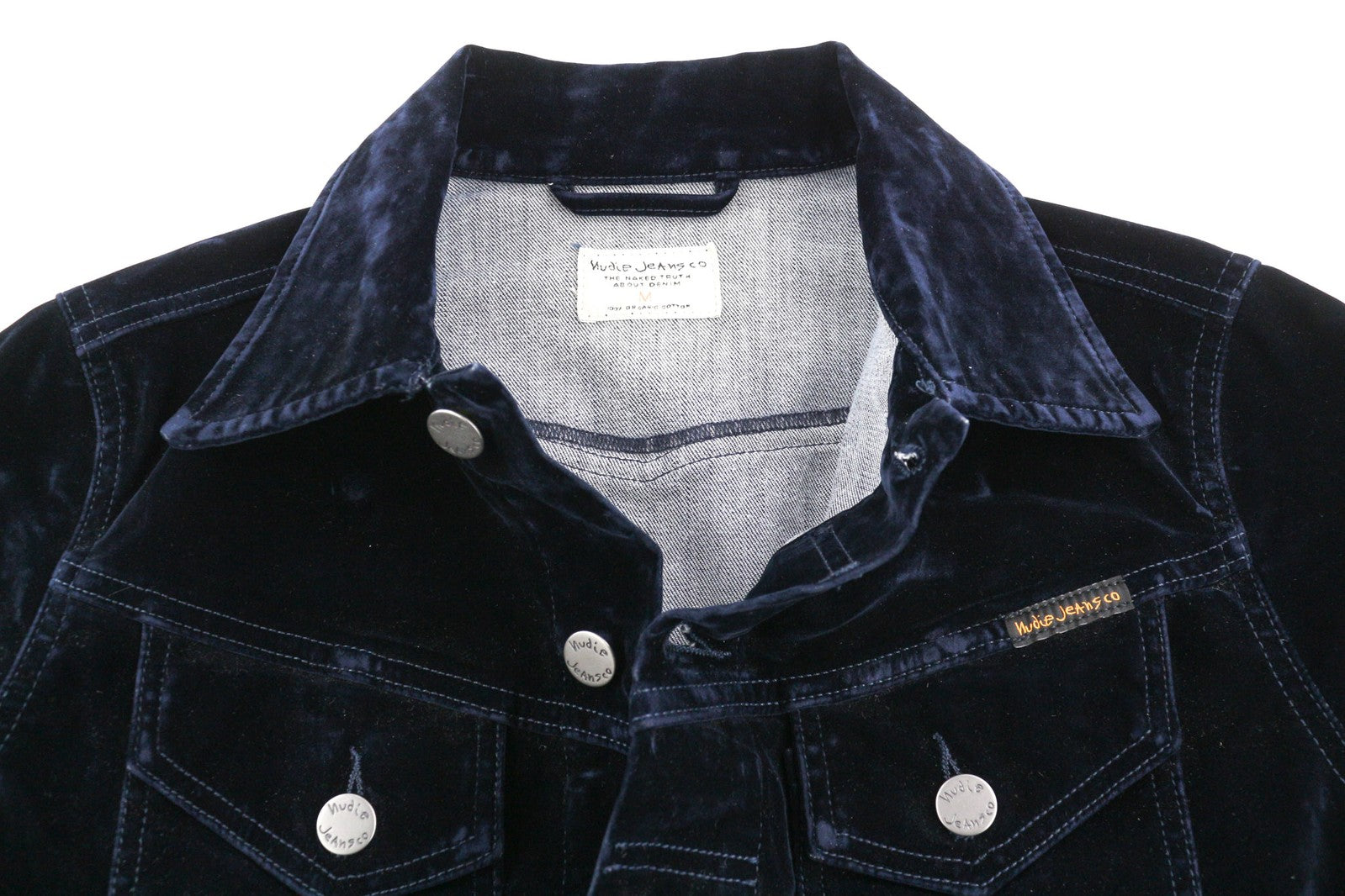 NUDIE Tove Women Jacket M Blue Velvet Neck Buttoned Dark Long Sleeve Logo