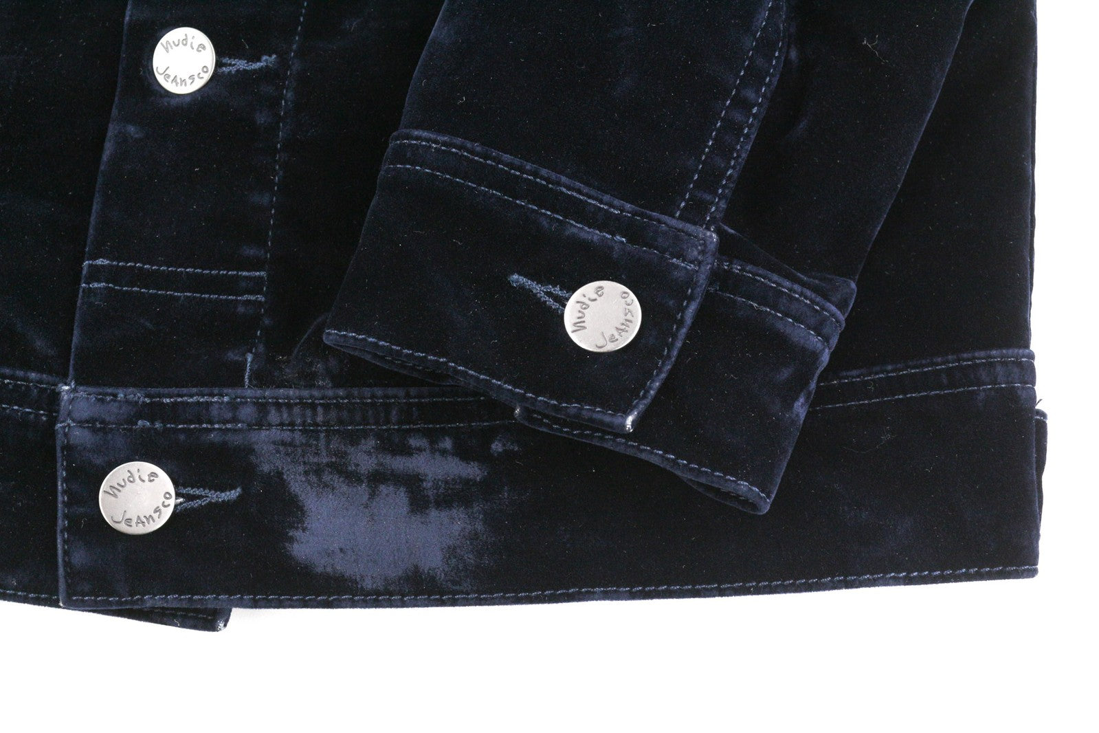 NUDIE Tove Women Jacket M Blue Velvet Neck Buttoned Dark Long Sleeve Logo