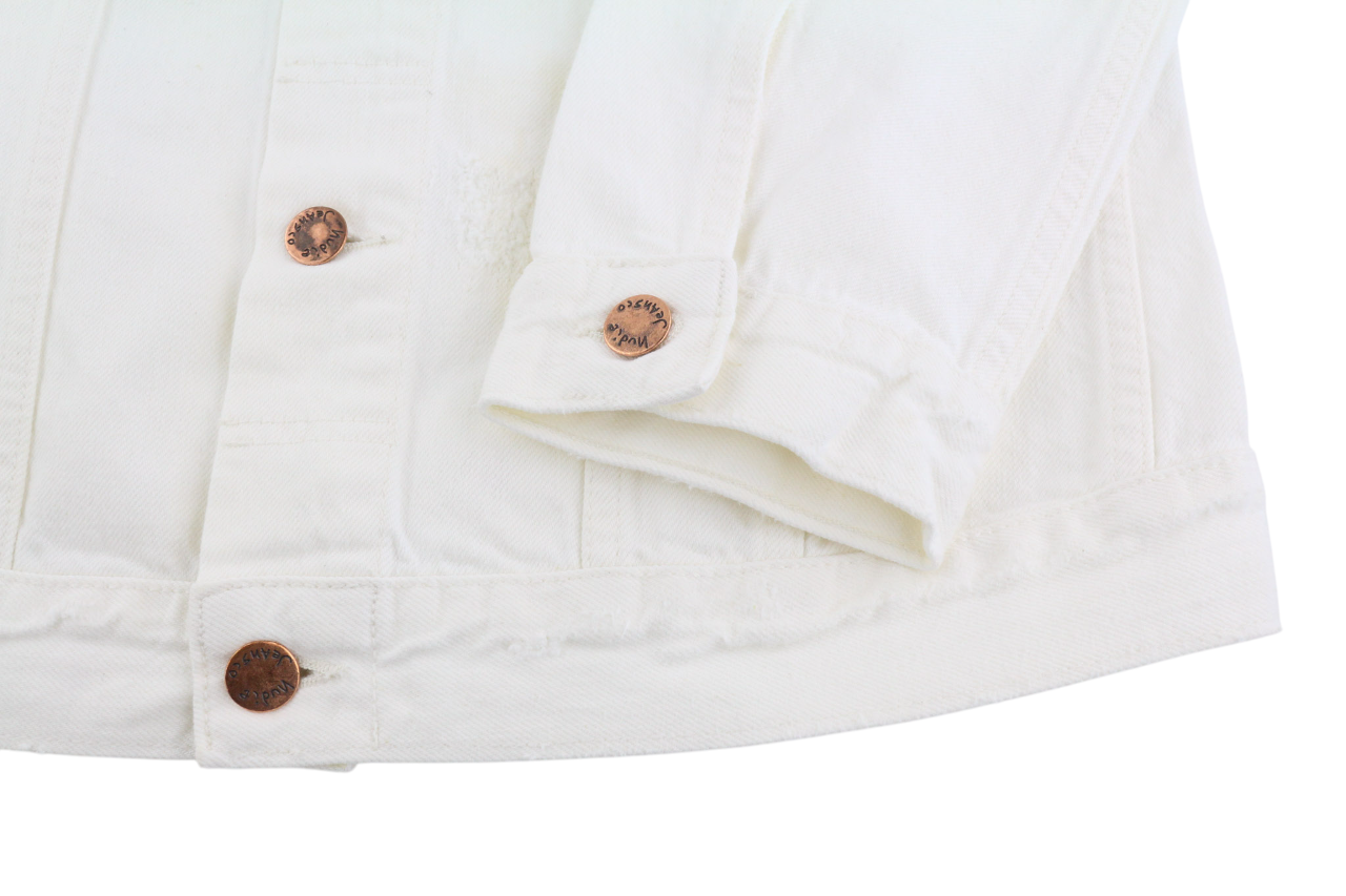 NUDIE Billy Men Jacket L Pitch White Worn Buttoned Neck Unlined Logo Light