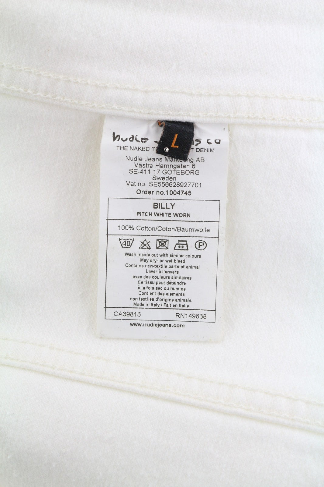NUDIE Billy Men Jacket L Pitch White Worn Buttoned Neck Unlined Logo Light