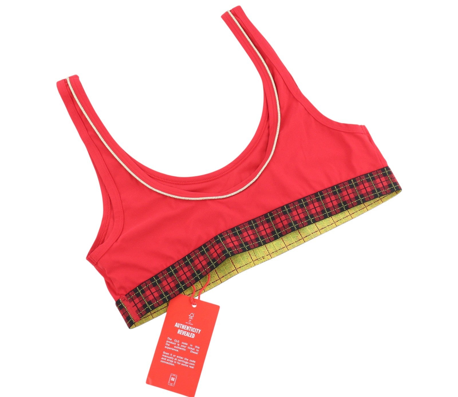 DIESEL Ufsb-Lizzys Womens Bra S Sleeveless Round Neck Front  Tartan Print Red