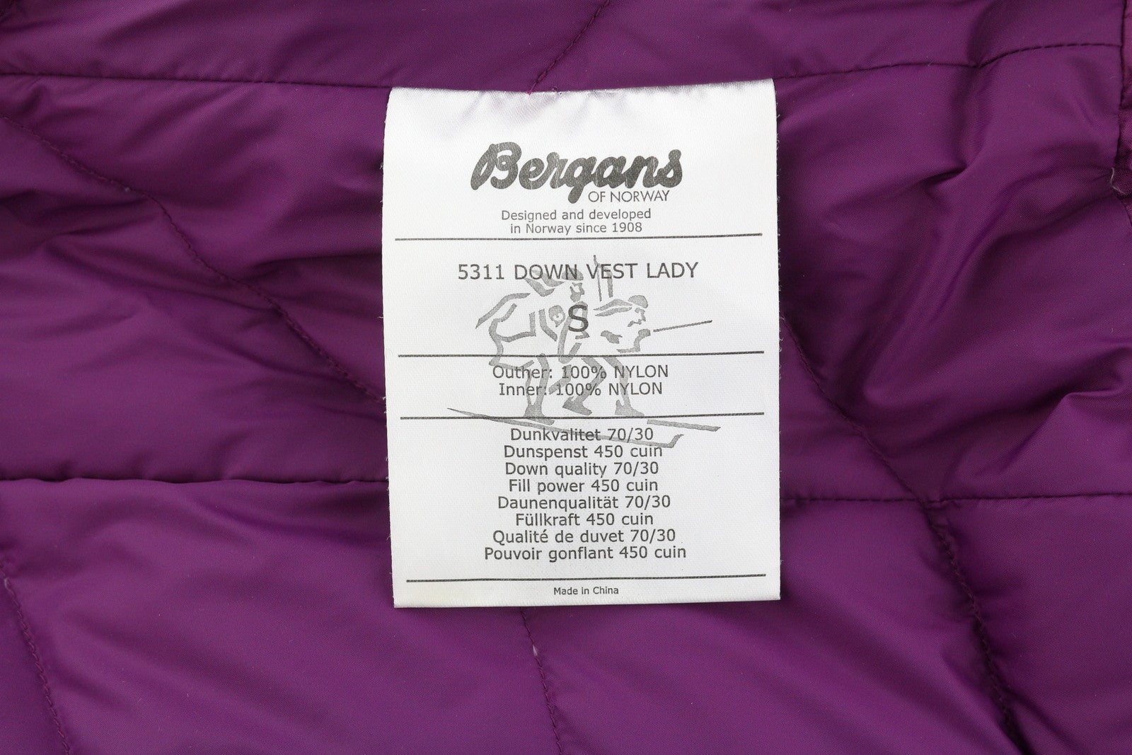 BERGANS OF NORWAY 5311 Down Women Waistcoat S Purple Full Zip Insulated Quilted