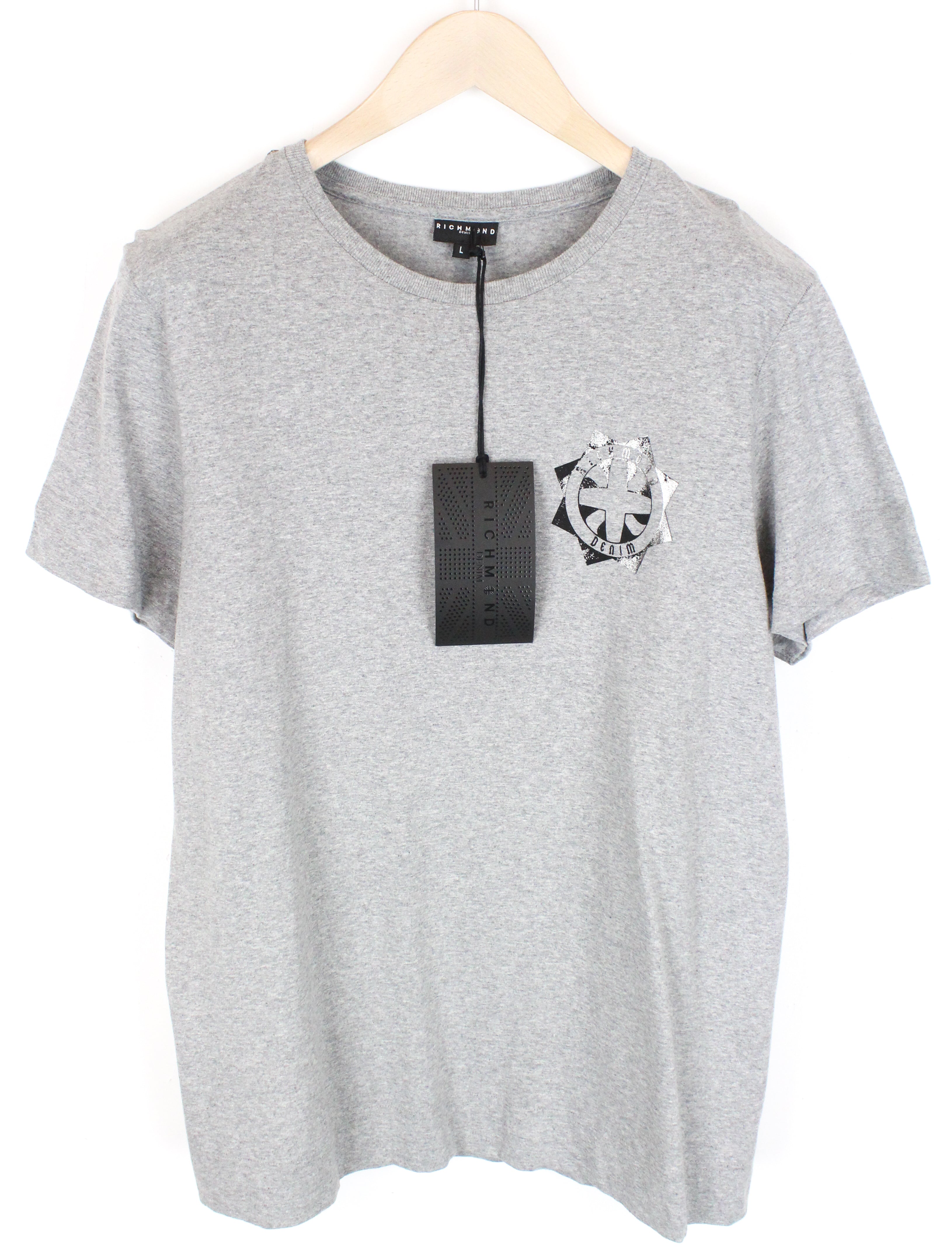 RICHMOND Men's T-Shirt L Grey Short Sleeve Summer Logo Cotton Casual