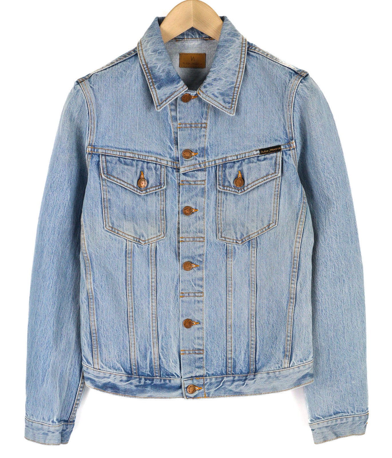 NUDIE Men Jacket S Mid Blue Washed Denim Neck Buttoned Pockets Casual Logo