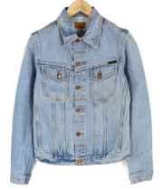 NUDIE Men Jacket S Mid Blue Washed Denim Neck Buttoned Pockets Casual Logo