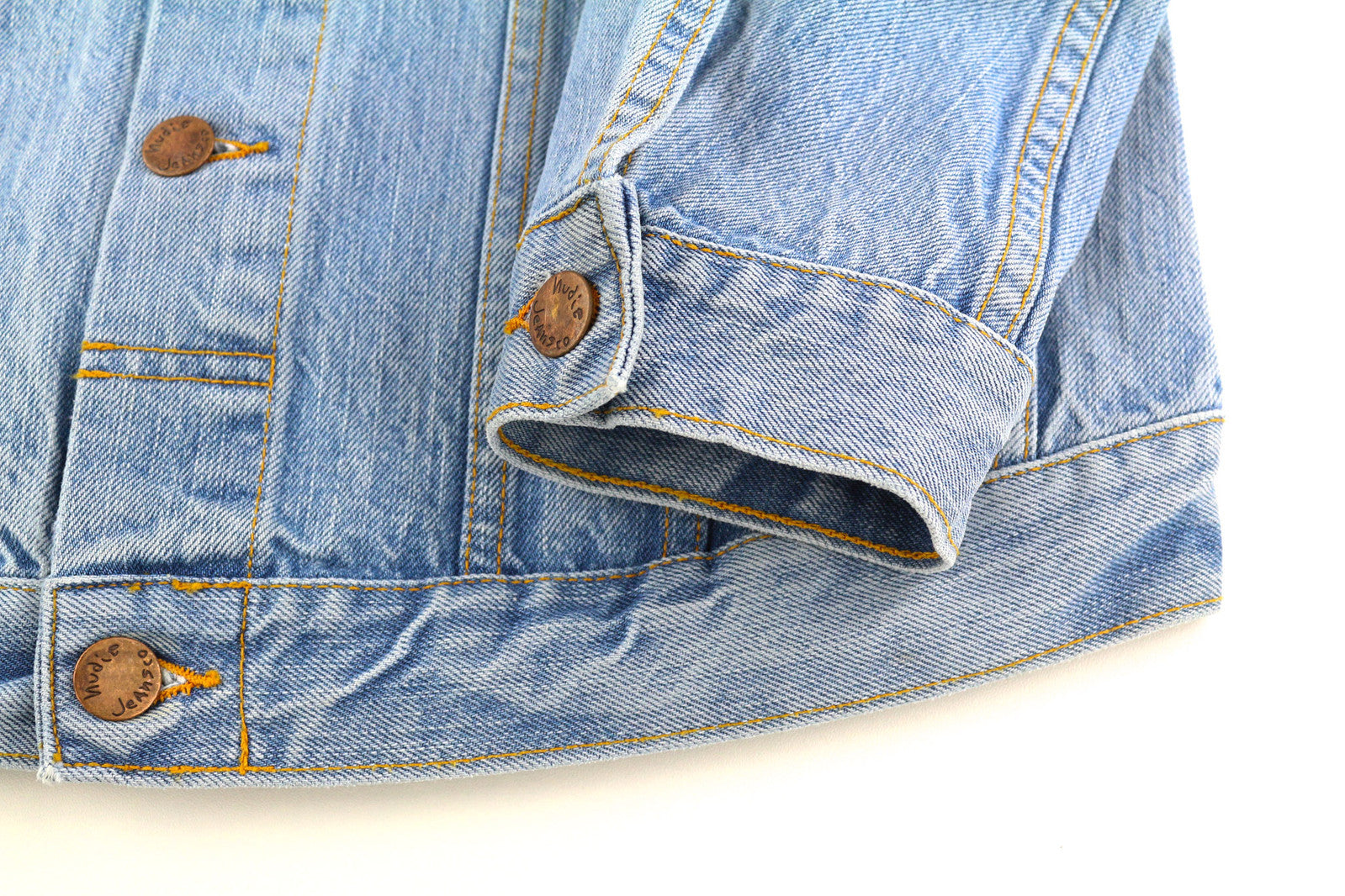 NUDIE Men Jacket S Mid Blue Washed Denim Neck Buttoned Pockets Casual Logo