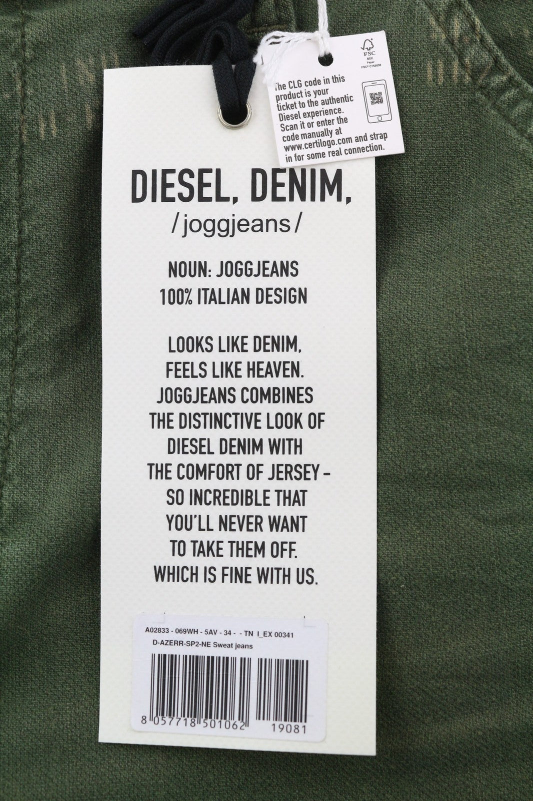 DIESEL D-Azerr Jogg 069WH Mens Jeans W34 Straight Stretchy Washed Green RRP€250