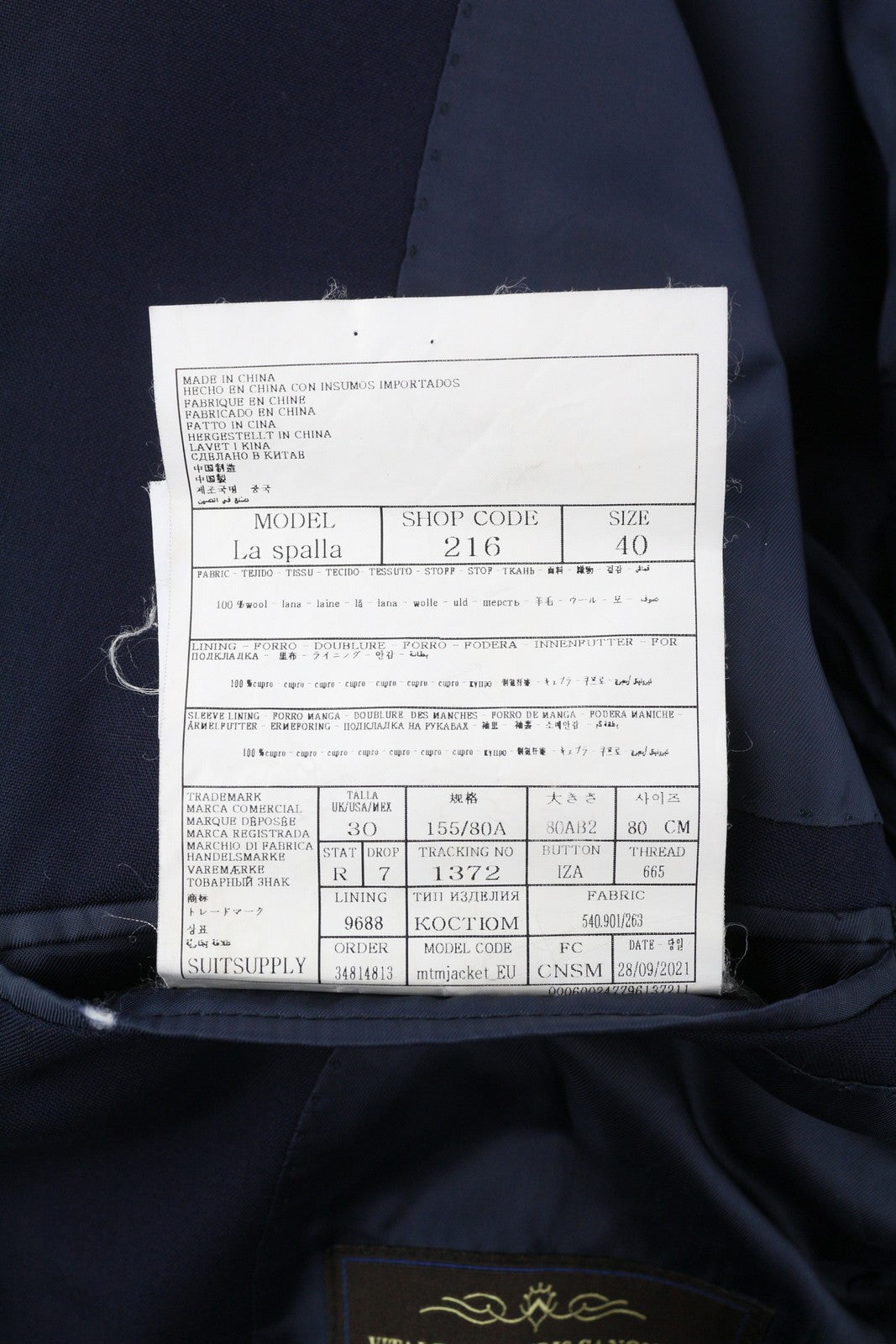 SUITSUPPLY La Spalla Men Blazer UK30R Dark Blue Wool Double-Breasted Peak Lapel