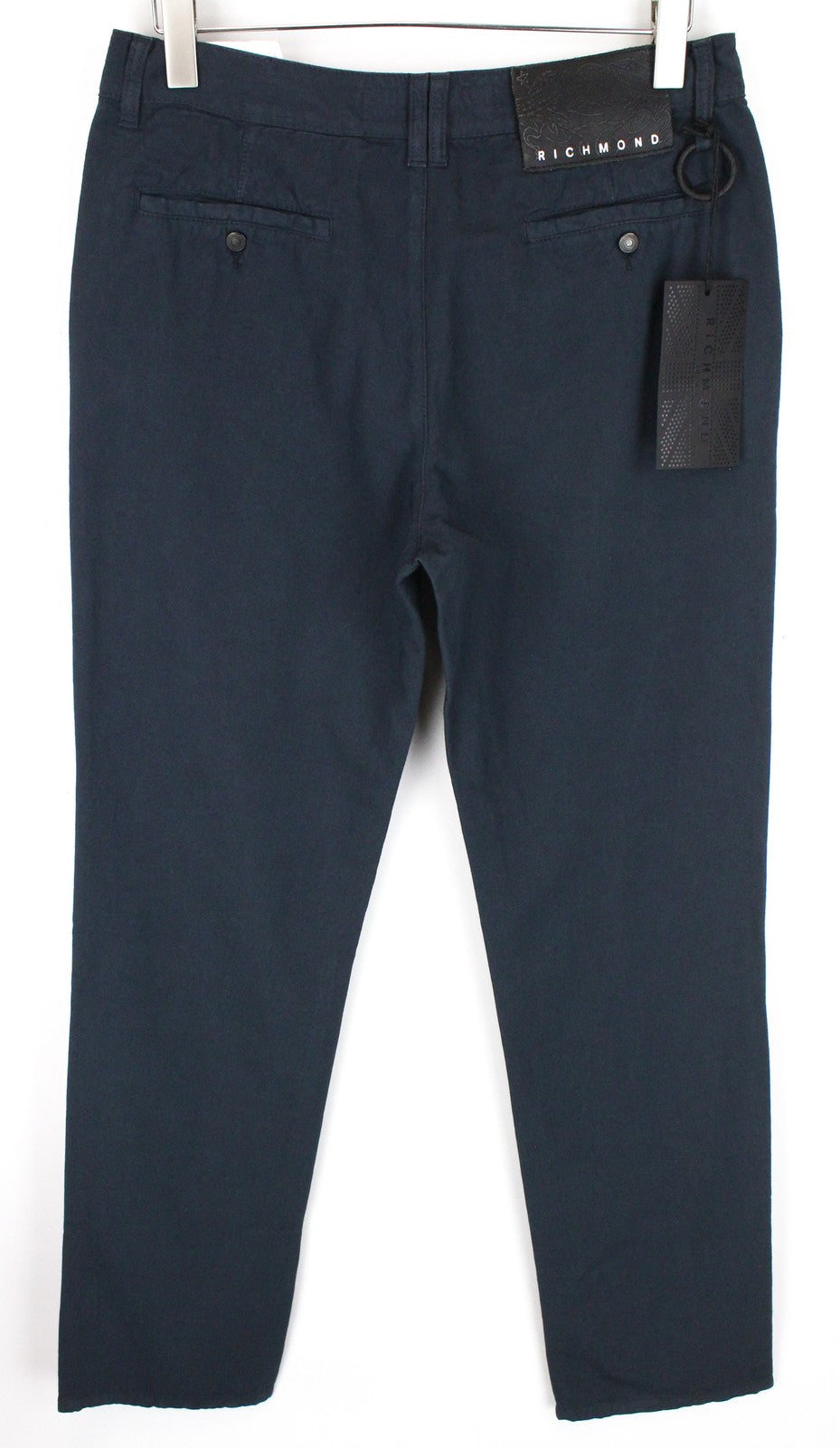 RICHMOND Men's Trousers 48 Blue Cotton Linen Button Fly Casual Slit Pockets