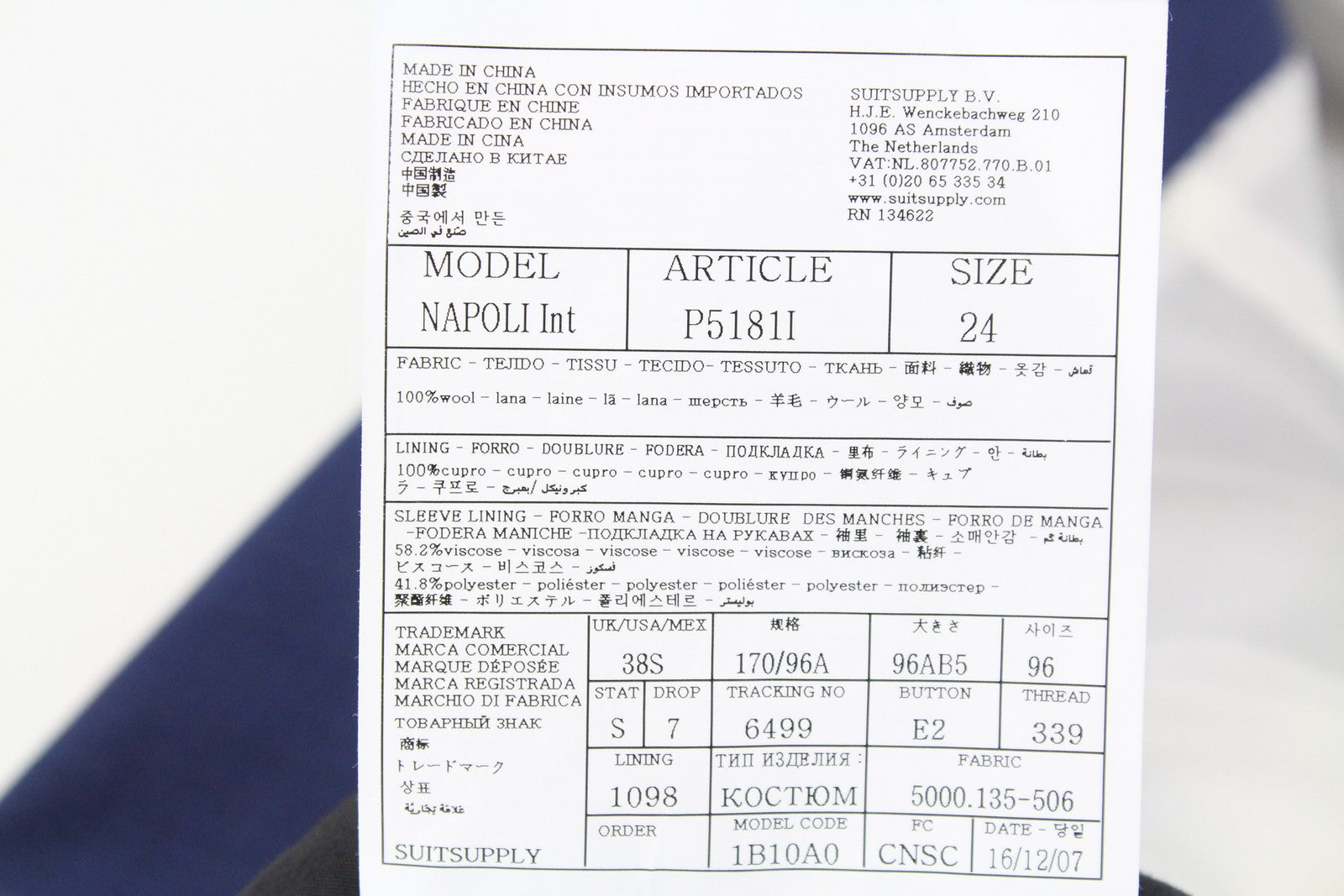 „SUITSUPPLY Napoli“ vyriškas švarkas, UK38S, mėlynas, grynos vilnos, vienaeilis, su įpjova apykakle 