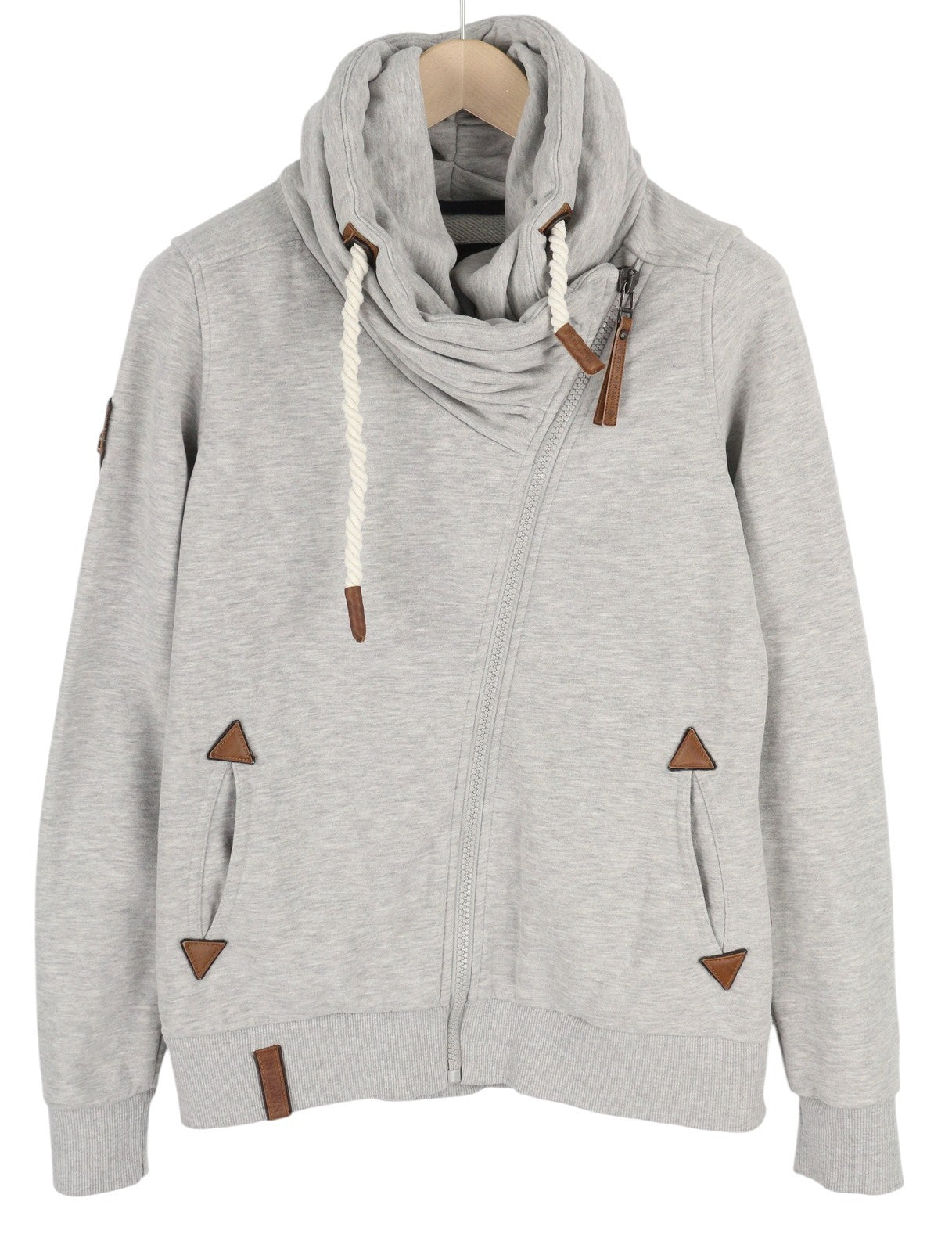 NAKETANO Women Sweatshirt L Melange Grey Full Zip High Neck Pockets Long Sleeve