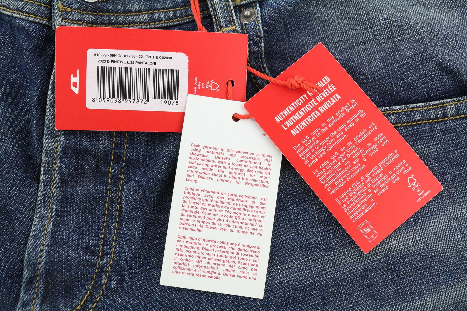 DIESEL 2023 D-Finitive 09H43 Men Jeans W36/L32 Regular Tapered Leg Blue RRP€225