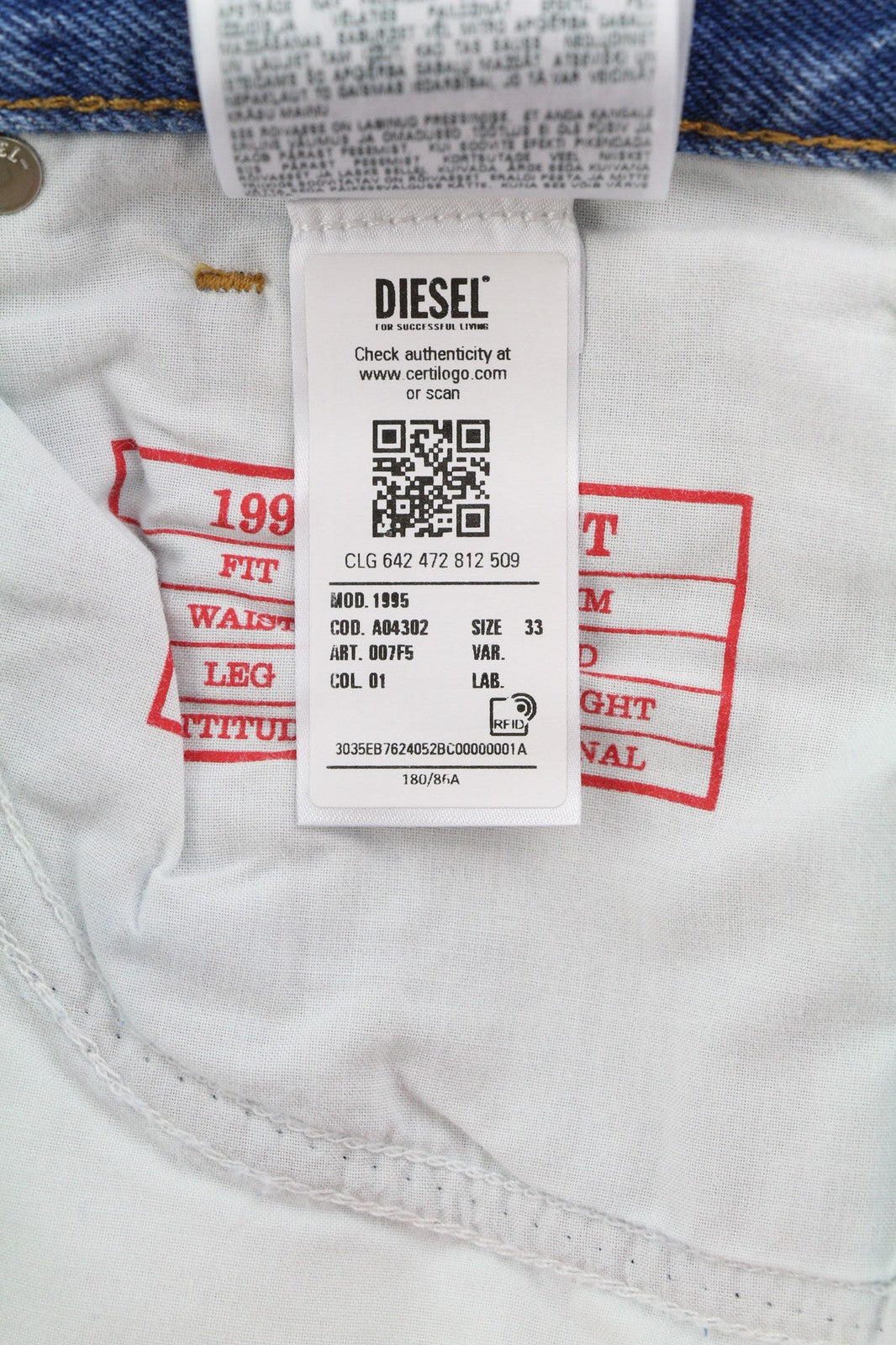 DIESEL 1995 007F5 Mens Jeans W33/L30 Slim  Mid Waist Straight Leg RRP€250