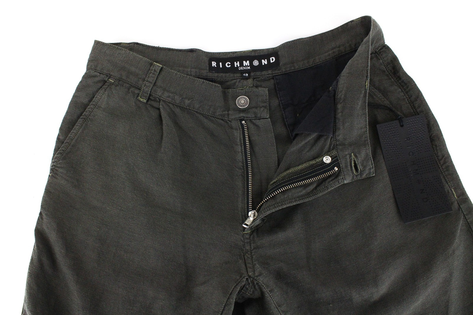 RICHMOND Men's Shorts 48 Green Cotton Linen Summer Slit Pocket Flat Front