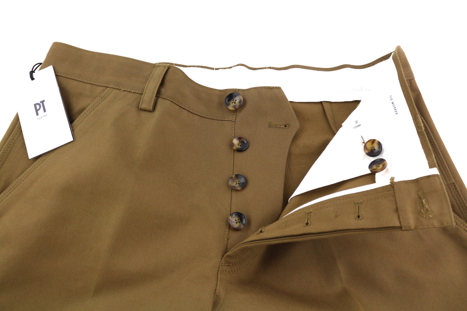 PT TORINO The Worker Men Trousers W34 Brown Button Fly Tapered Fit Chino Pockets