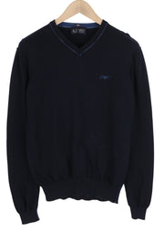 ARMANI JEANS Men Jumper ~S Dark Blue Pullover V-Neck Knitted Slim Fit Logos