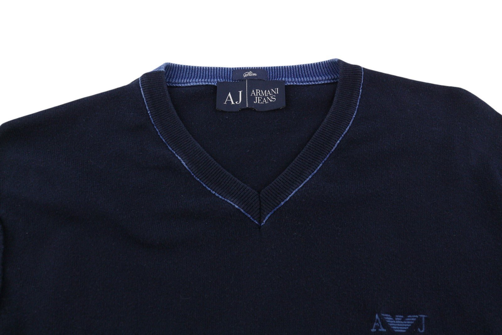 ARMANI JEANS Men Jumper ~S Dark Blue Pullover V-Neck Knitted Slim Fit Logos