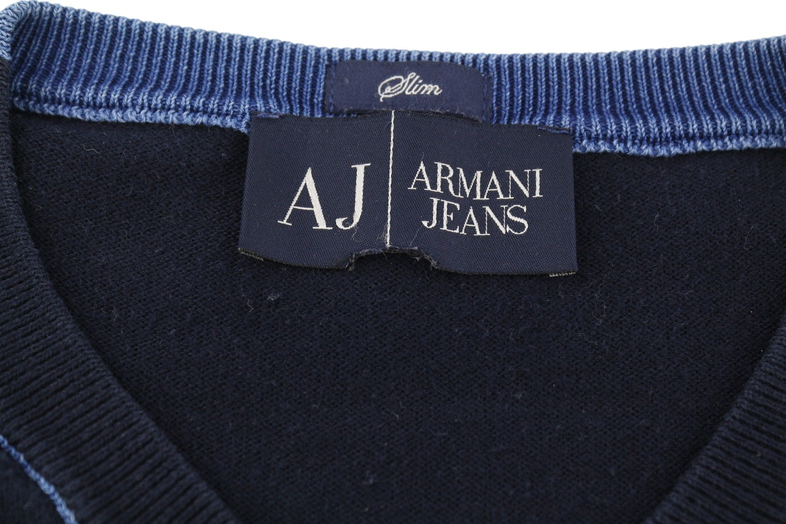 ARMANI JEANS Men Jumper ~S Dark Blue Pullover V-Neck Knitted Slim Fit Logos