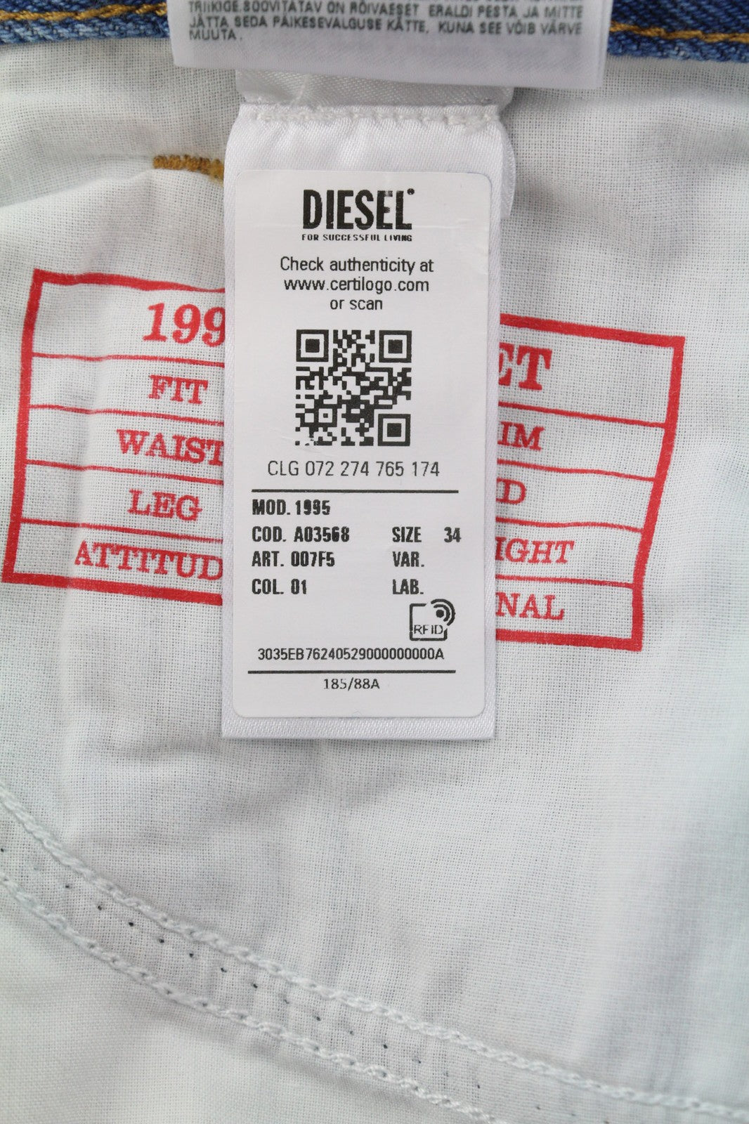 DIESEL 1995 007F5 Mens Jeans W34 Slim  Mid Waist Straight Leg RRP€250 Blue