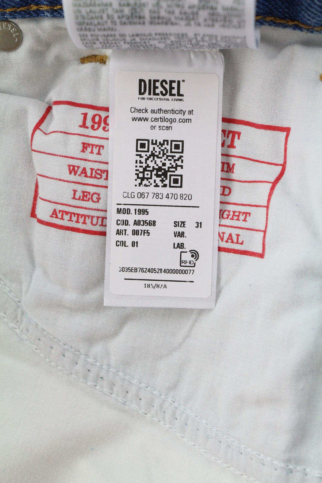 DIESEL 1995 007F5 Mens Jeans W31 Slim  Mid Waist Straight Leg RRP€250 Blue