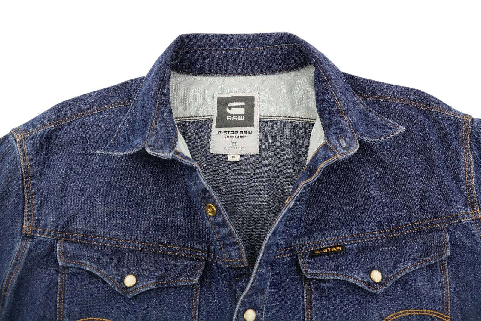 G-STAR Arc 3D L/S Men Shirt XL Denim Blue Snap Buttons Spread Neck Patch Pockets