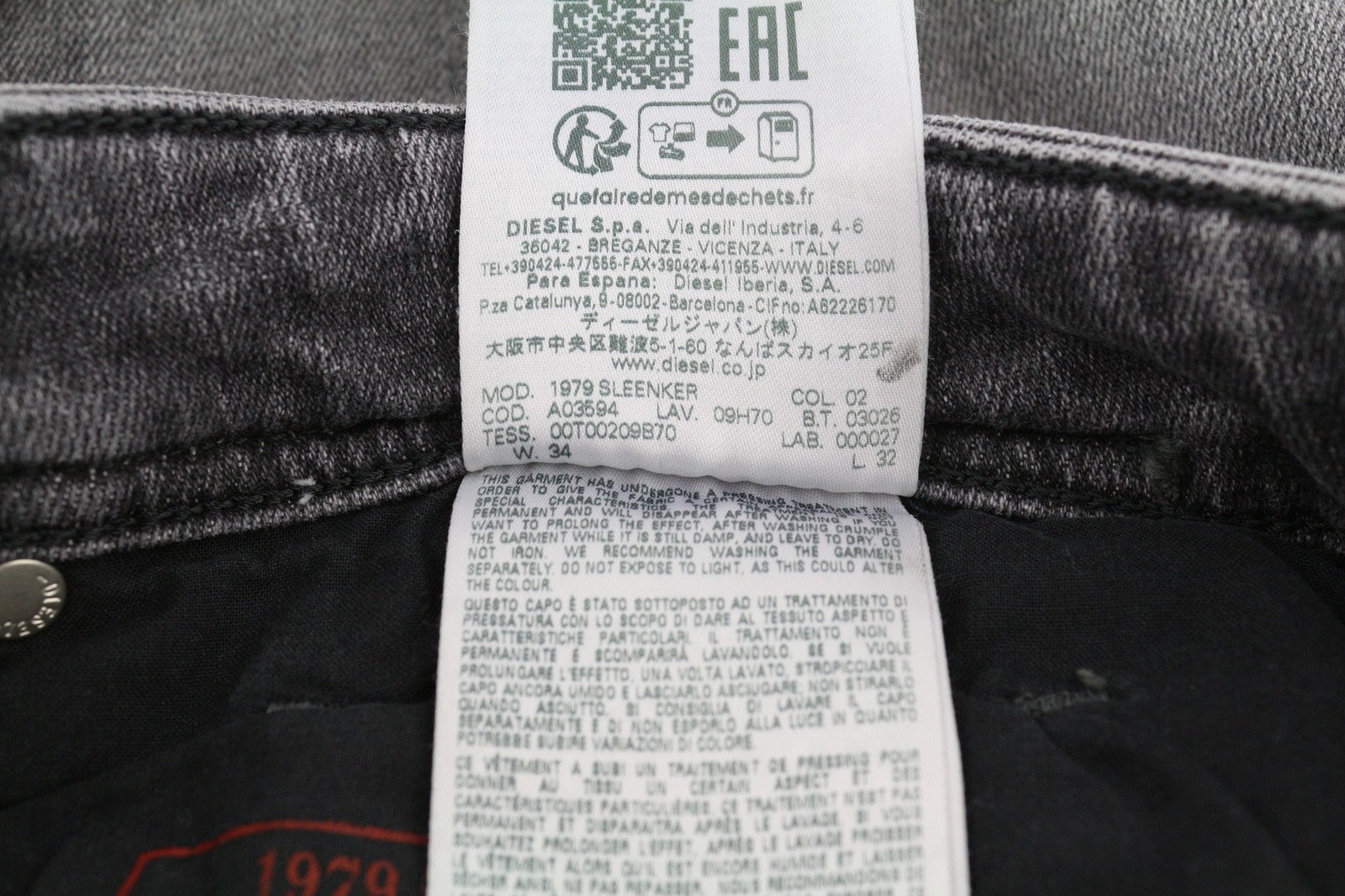 DIESEL 1979 Sleenker 09H70 Men Jeans W34/L32 Low Waist Skinny Grey RRP€250