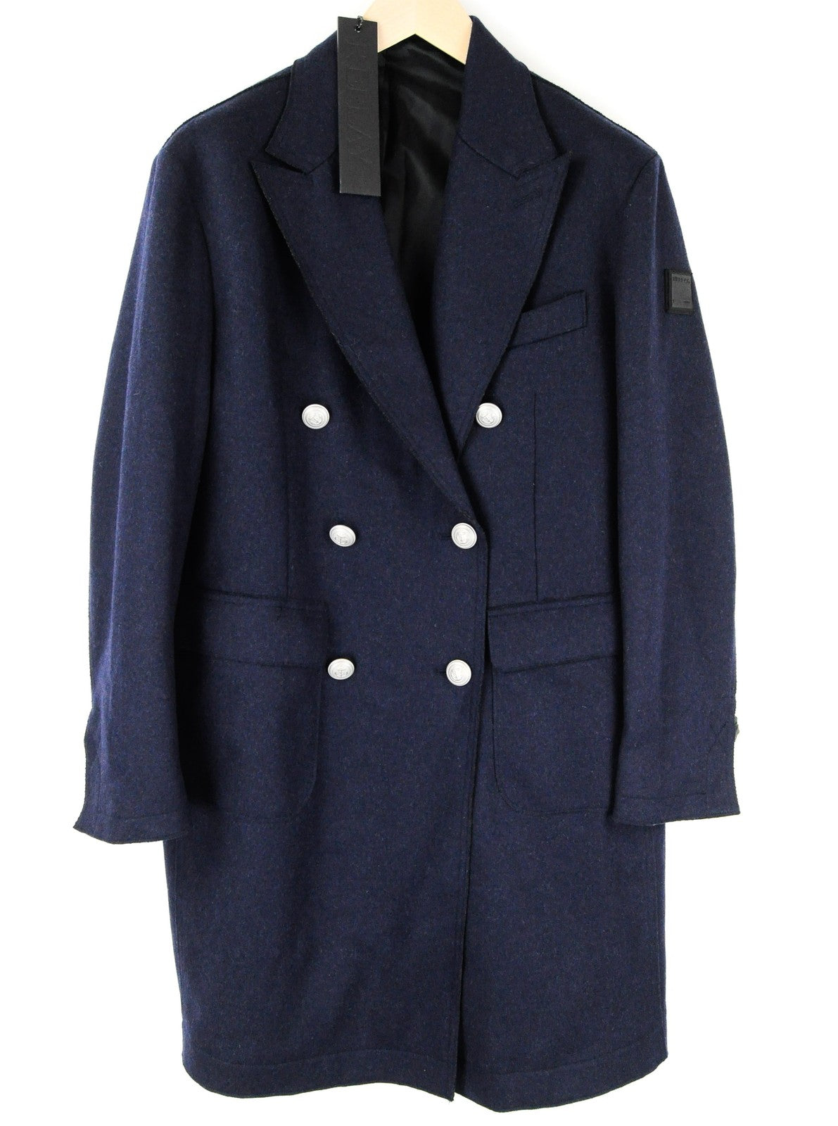 REPLAY Mens Navy Coat 48 Wool Cotton Blend Peak Collar Double-Breasted RRP€499