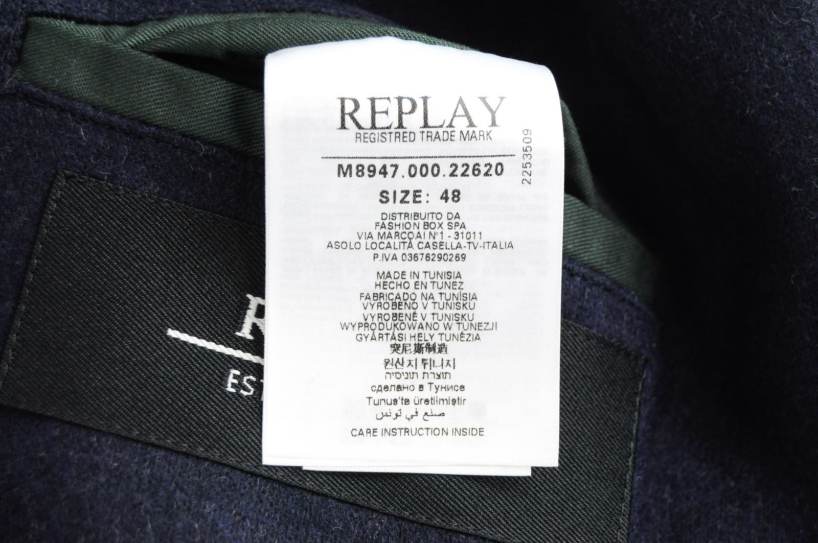 REPLAY Mens Navy Coat 48 Wool Cotton Blend Peak Collar Double-Breasted RRP€499