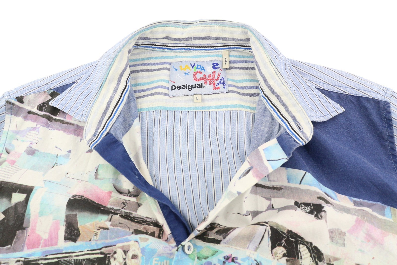 DESIGUAL Men Shirt L Casual Buttoned Spread Neck Patterned Blue Regular Fit