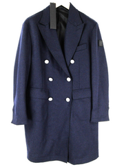 REPLAY Mens Navy Coat 50 Wool Cotton Blend Peak Collar Double-Breasted Warm