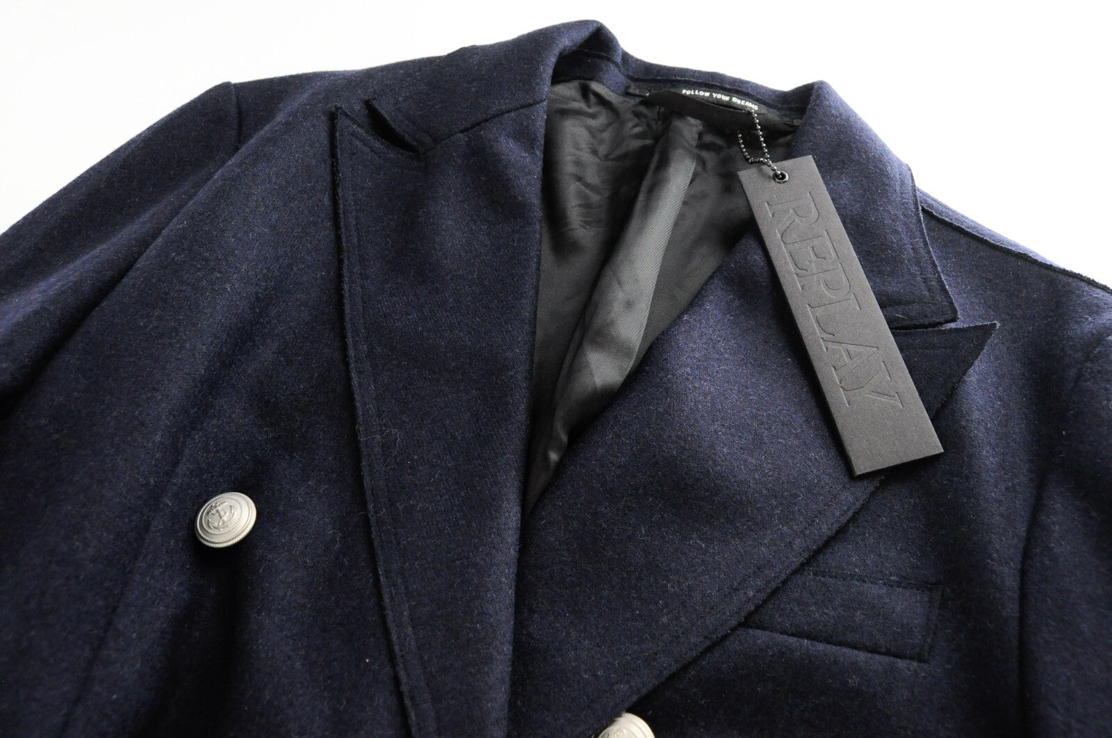 REPLAY Mens Navy Coat 50 Wool Cotton Blend Peak Collar Double-Breasted Warm
