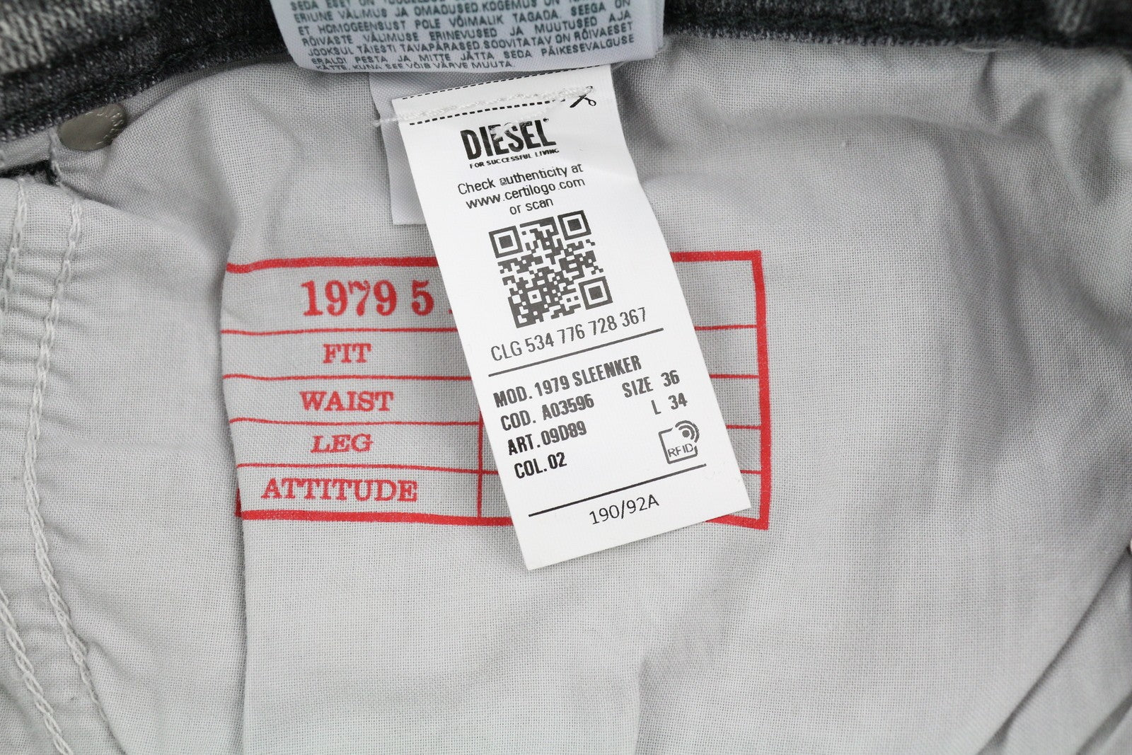 DIESEL 1979 Sleenker 09D89 Mens Jeans W36/L34 Stretchy Skinny  RRP€195 Grey