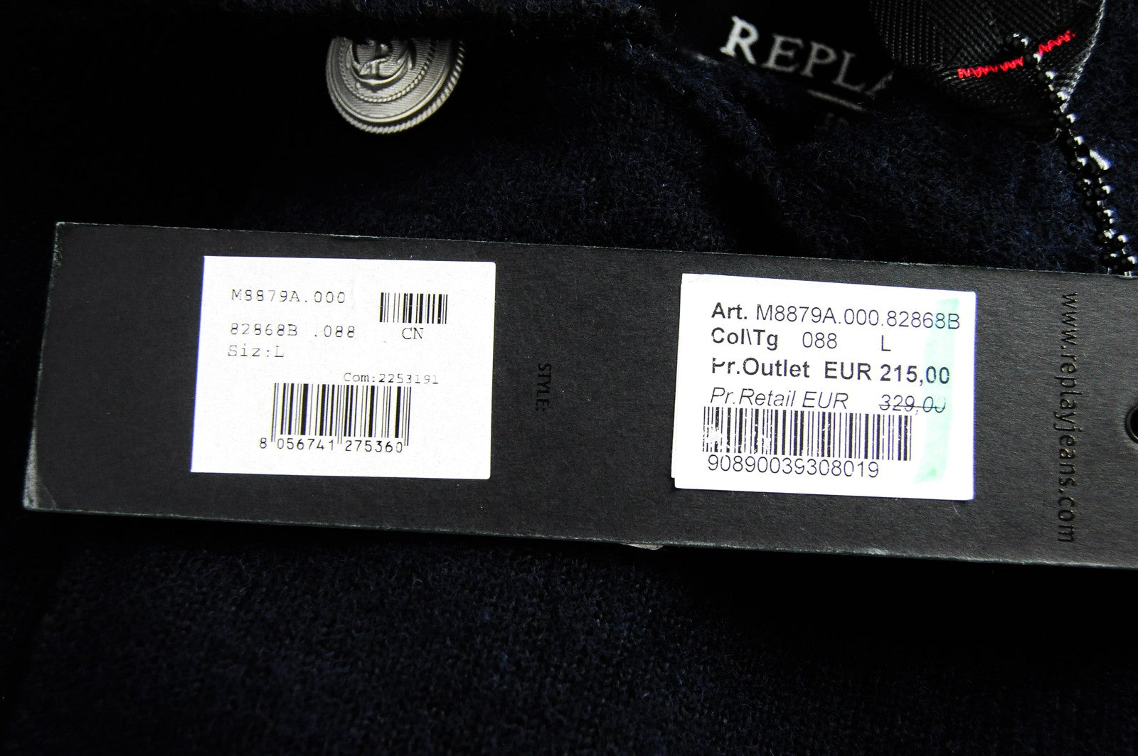 REPLAY Mens Navy Coat L Wool Blend Double-Breasted Lined Smart RRP€329