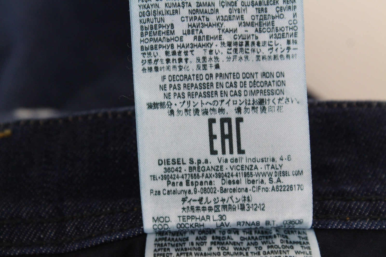 DIESEL Tepphar R7NA8 Men's Jeans W28/L30 Slim Carrot Blue Cotton Stretch Ripped