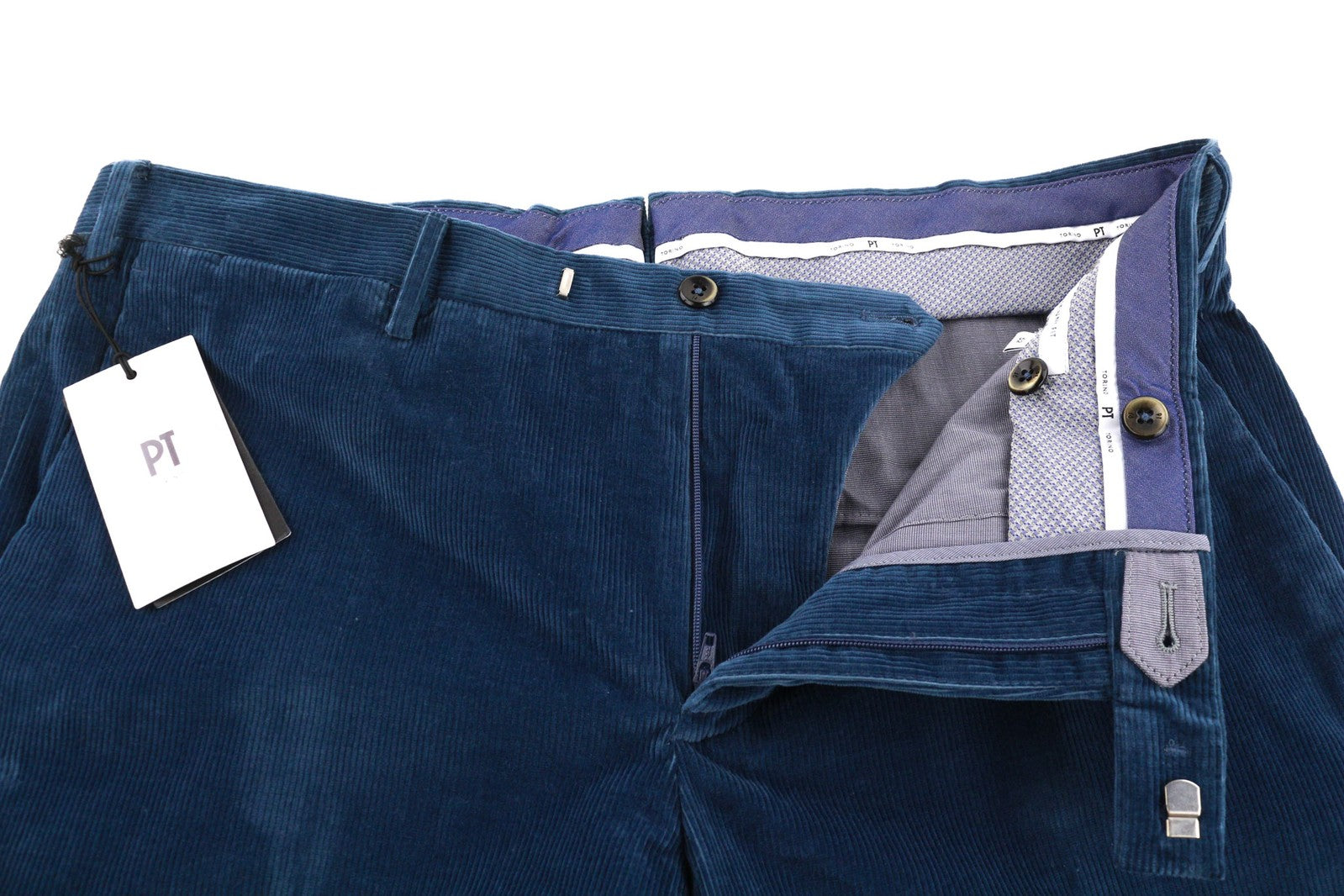 PT TORINO Men Trousers 52 W36 Blue Corduroy Chino Skinny Fit Zipped Logo Pockets