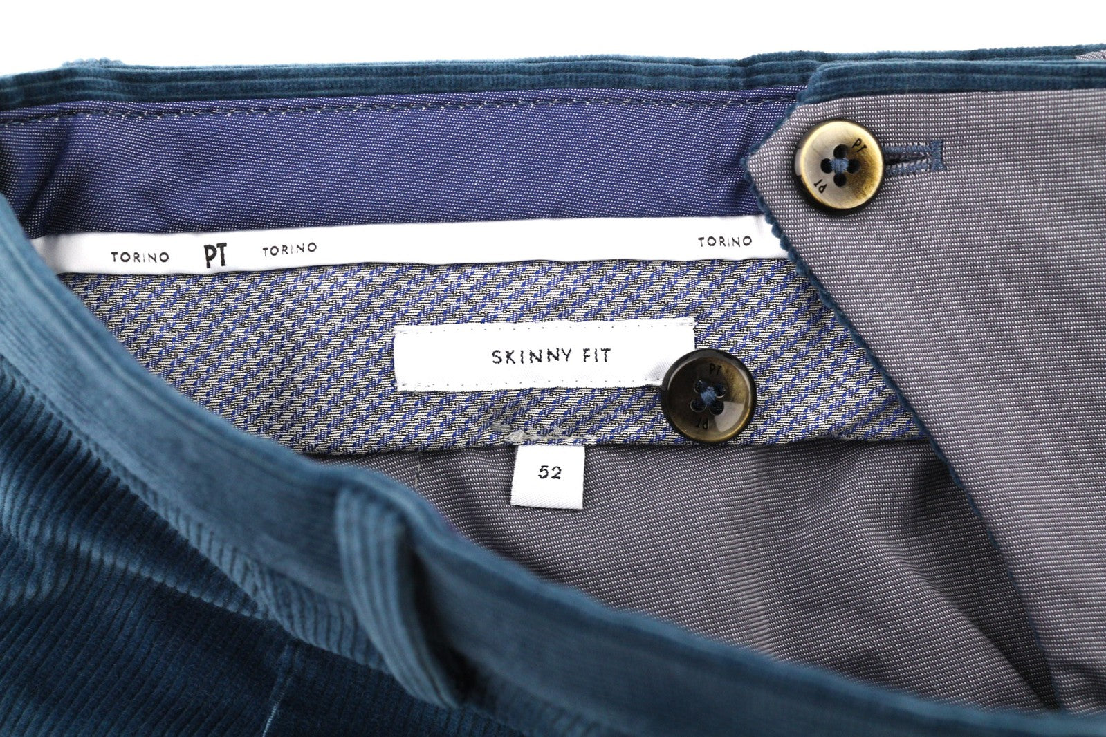PT TORINO Men Trousers 52 W36 Blue Corduroy Chino Skinny Fit Zipped Logo Pockets