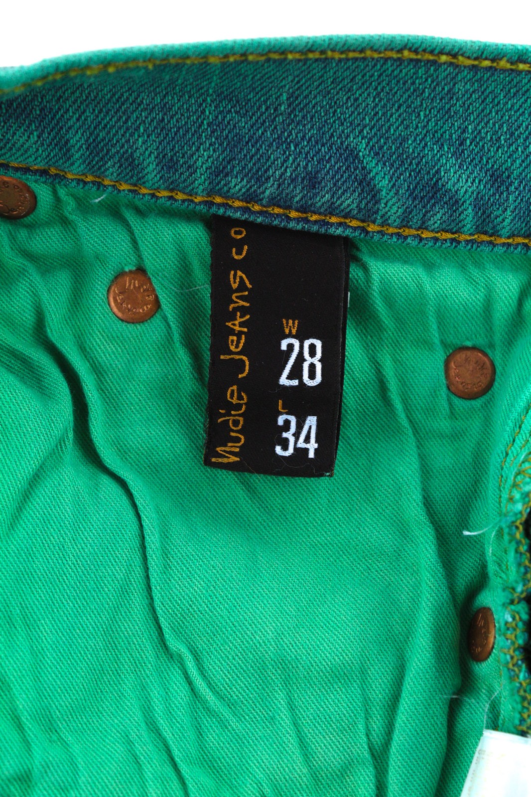 NUDIE High Kai Men Jeans W28/L34 Organic Icon Green Slim Fit Zipped Logo Denim