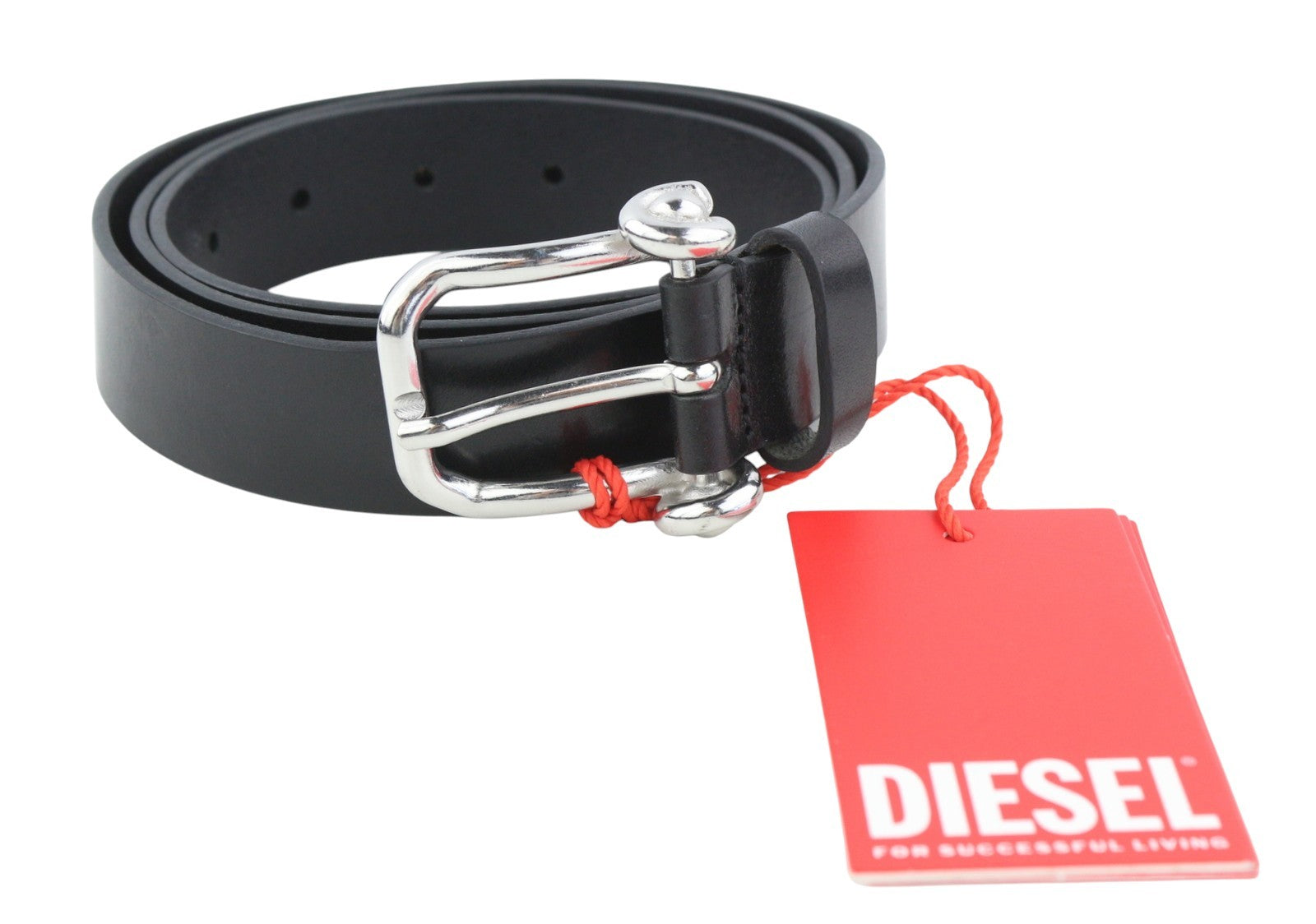 DIESEL B-Pirsin Men Belt 100 CM Black Leather Silver Tone Buckle Leather Casual