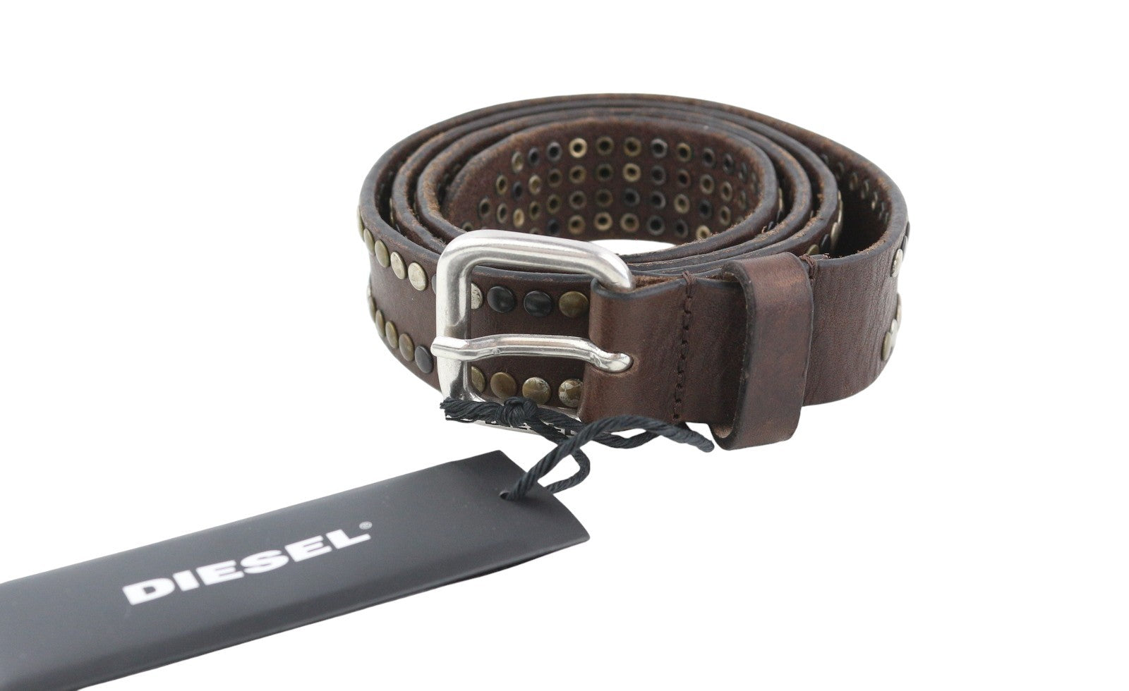 DIESEL B-Ost Men Belt 95 CM Dark Brown Silver Tone Details Buckle RRP€200