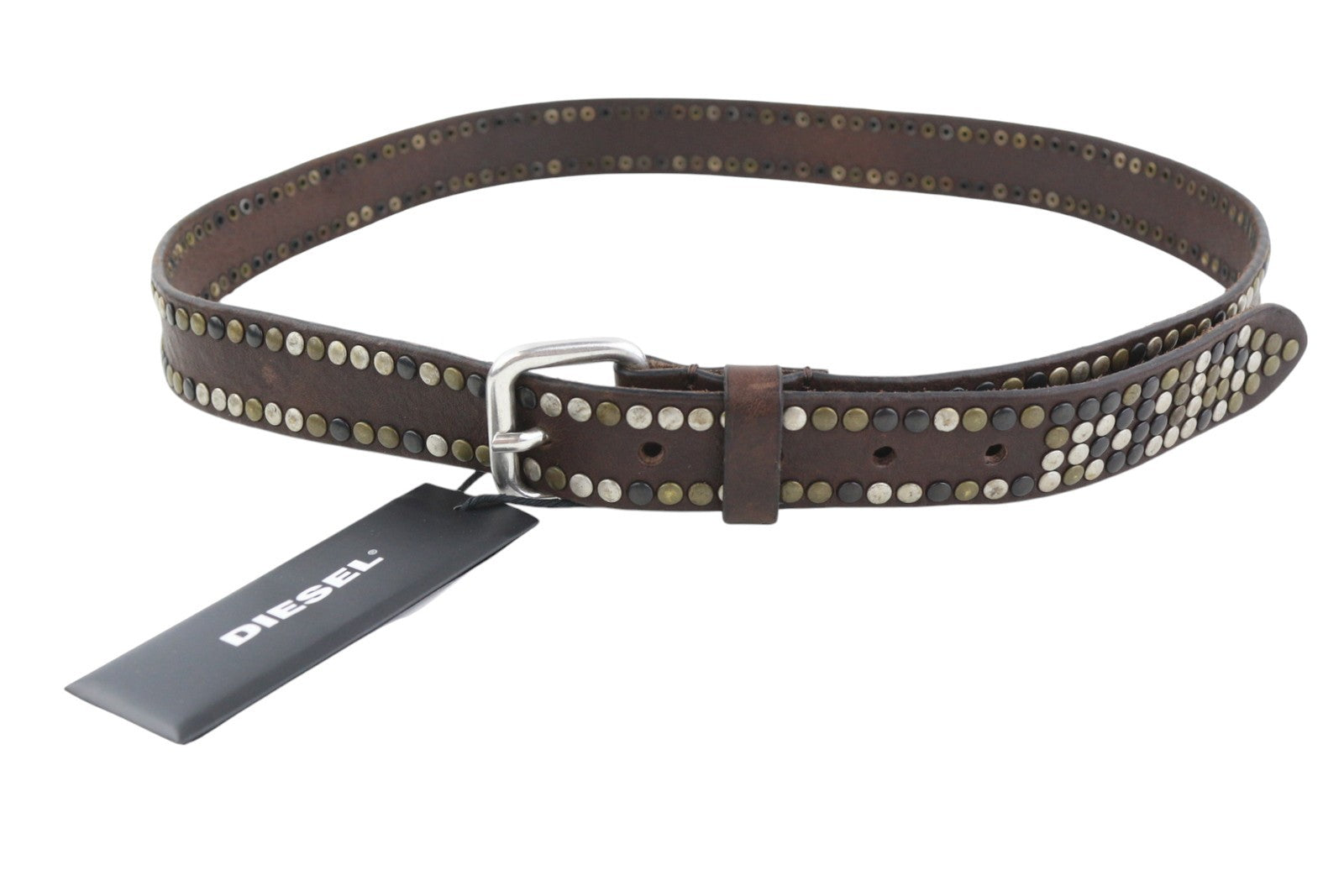 DIESEL B-Ost Men Belt 95 CM Dark Brown Silver Tone Details Buckle RRP€200