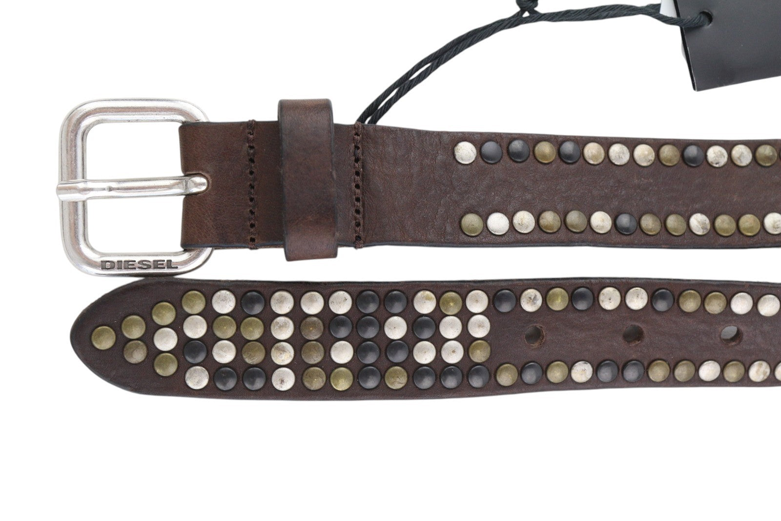 DIESEL B-Ost Men Belt 95 CM Dark Brown Silver Tone Details Buckle RRP€200