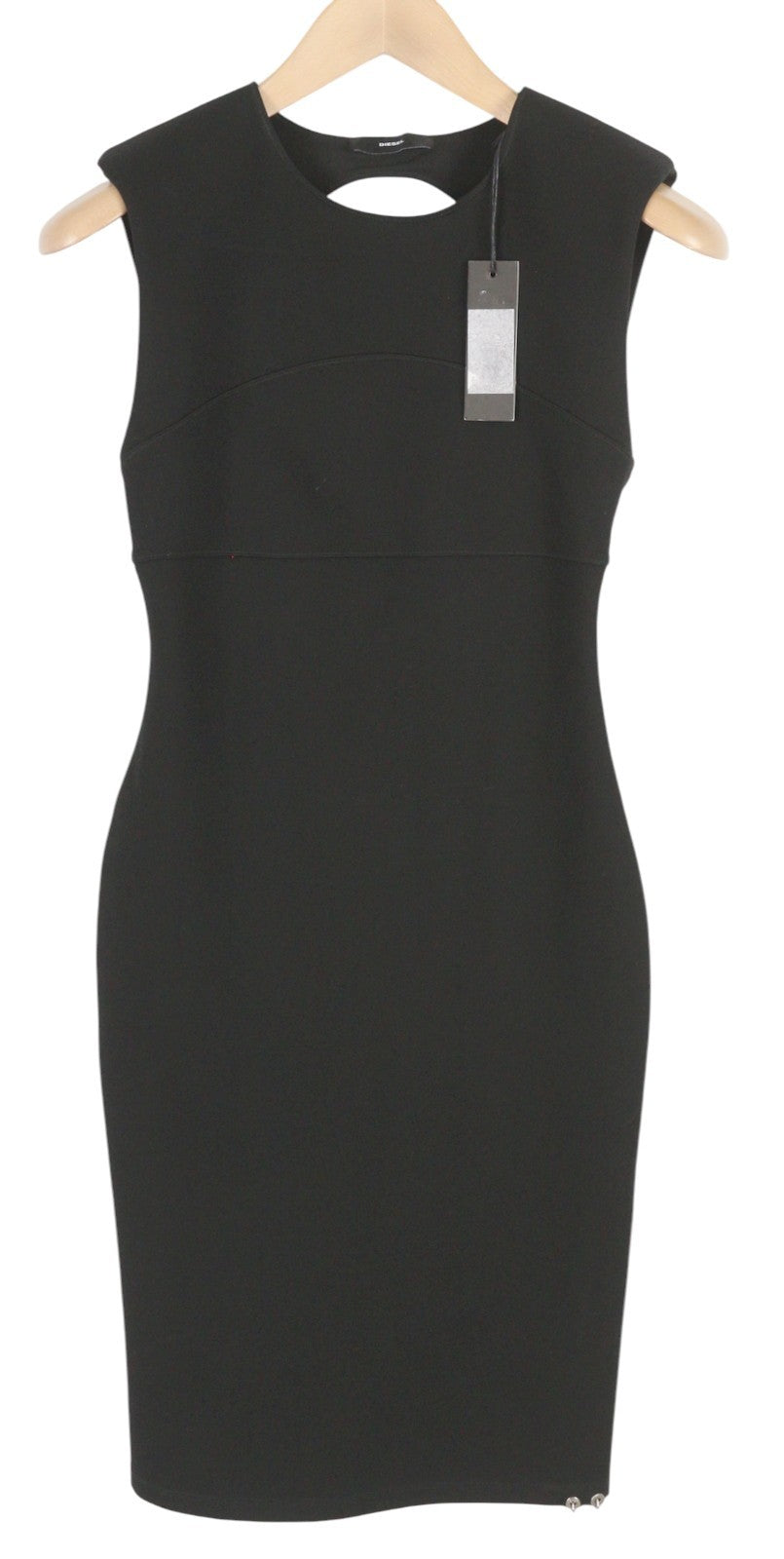 DIESEL Women Dress S Black Sleeveless Cut-Out Back Crew Neck Logo Knee-Length