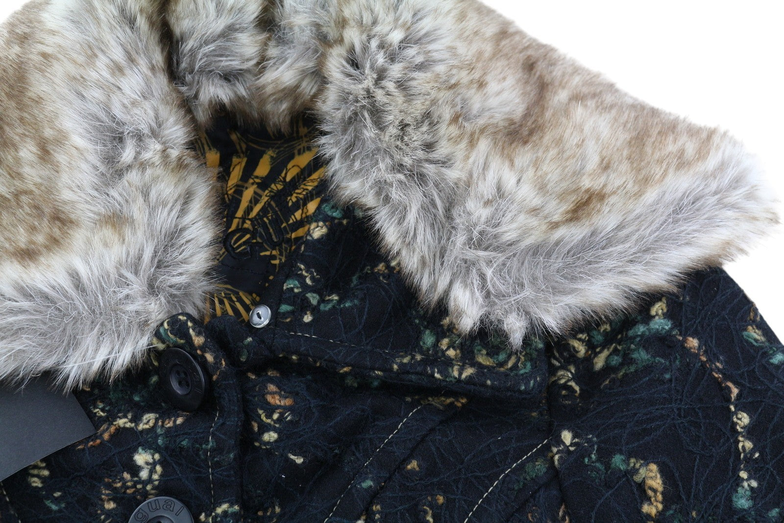 DESIGUAL Women Coat ~XS Black Patterned Wool Blend Removable Faux Fur Mid-Length