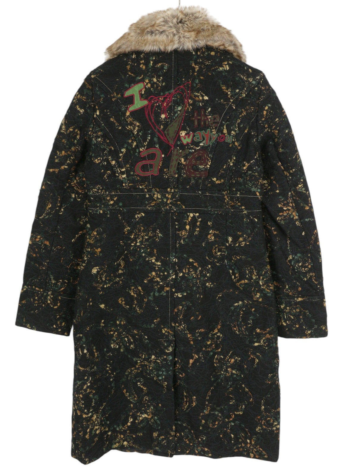 DESIGUAL Women Coat ~XS Black Patterned Wool Blend Removable Faux Fur Mid-Length