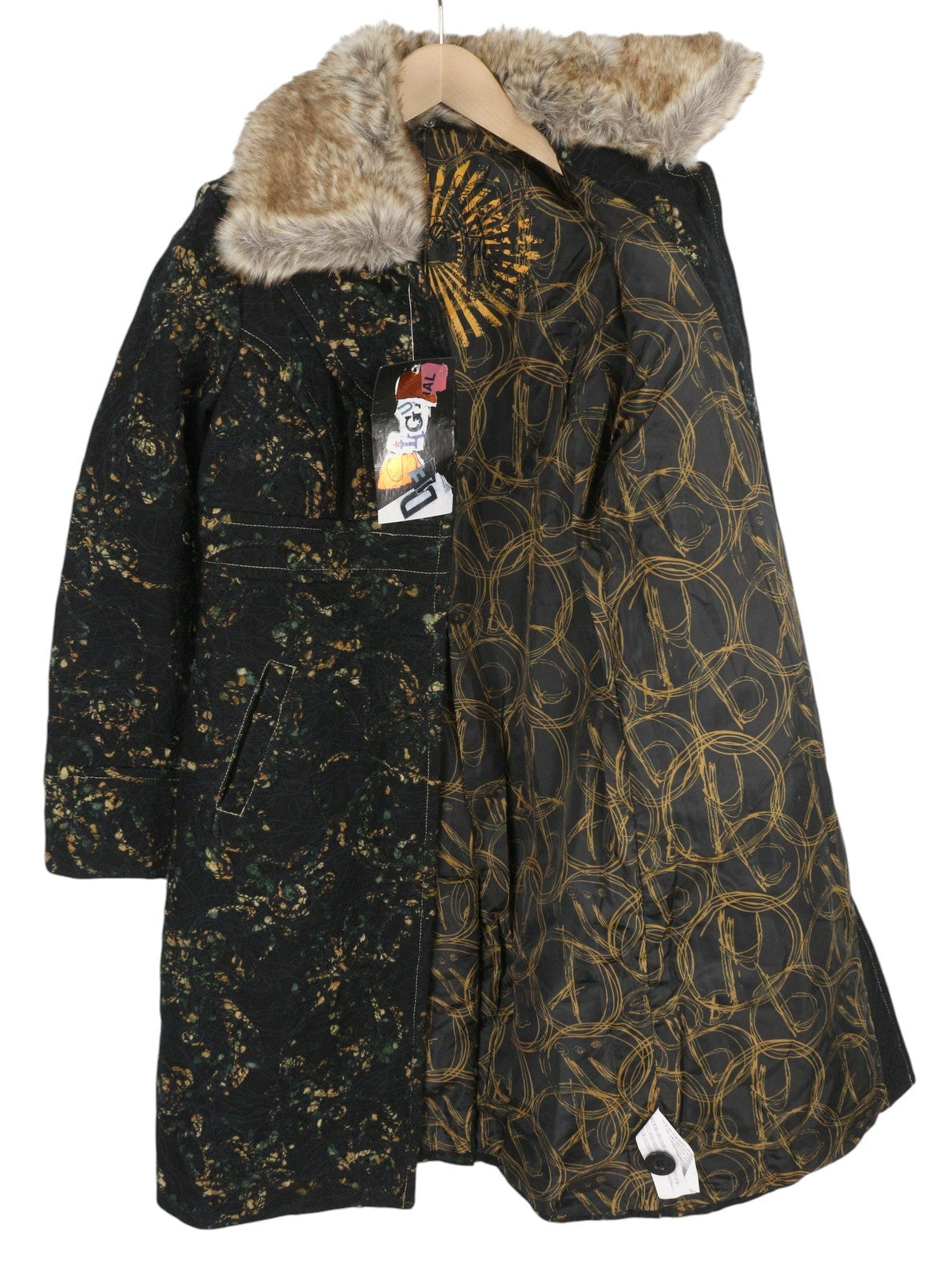 DESIGUAL Women Coat ~XS Black Patterned Wool Blend Removable Faux Fur Mid-Length