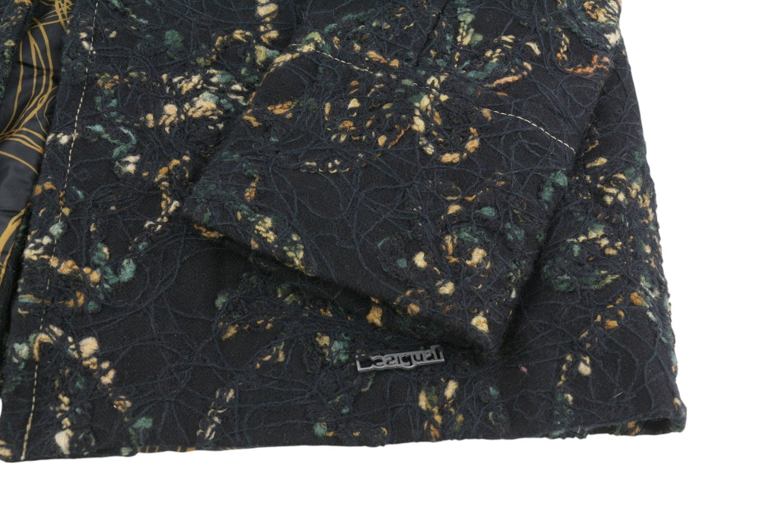 DESIGUAL Women Coat ~XS Black Patterned Wool Blend Removable Faux Fur Mid-Length