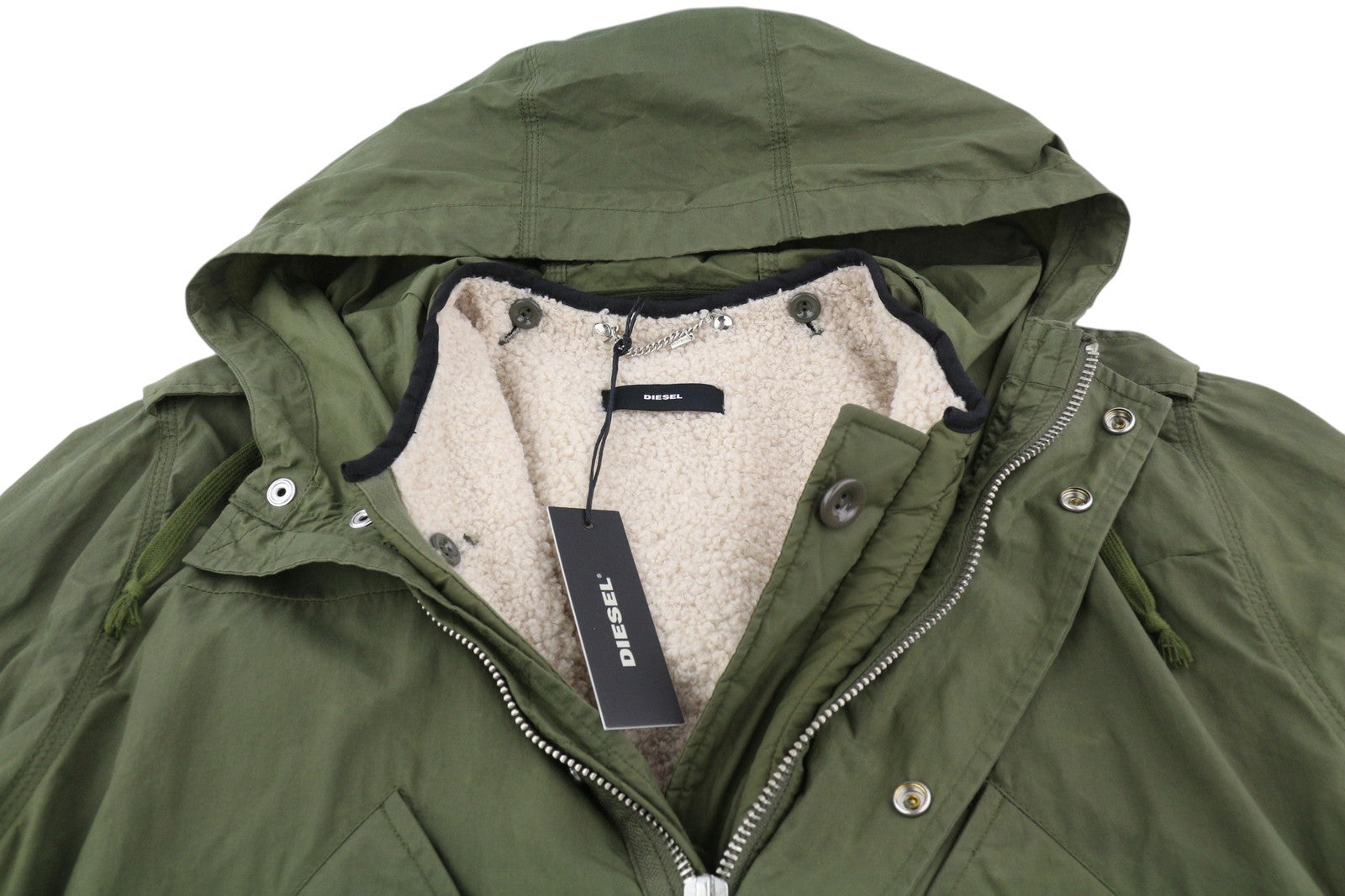 DIESEL W-Terry Women Jacket M Khaki Green Parka Zip Hooded Sherpa Lined RRP€395